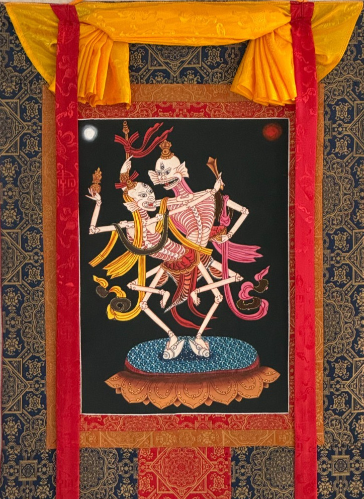 CITIPATI DANCING SKELETONS HAND-PAINTED TIBETAN THANGKA ART WITH SILK BROCADE