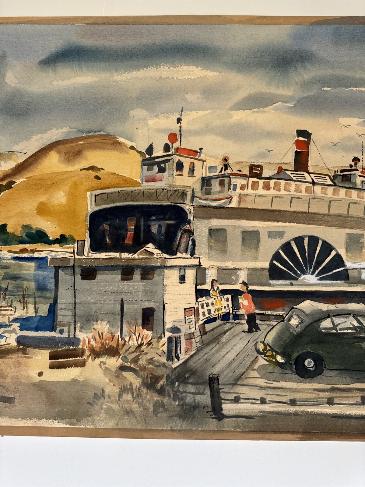 California Regionalist Painting Ferry Boat Dock Classic Car Landscape Vintage