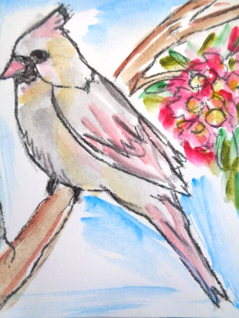One Of A Kind – Original FEMALE CARDINAL BIRD Watercolor Painting