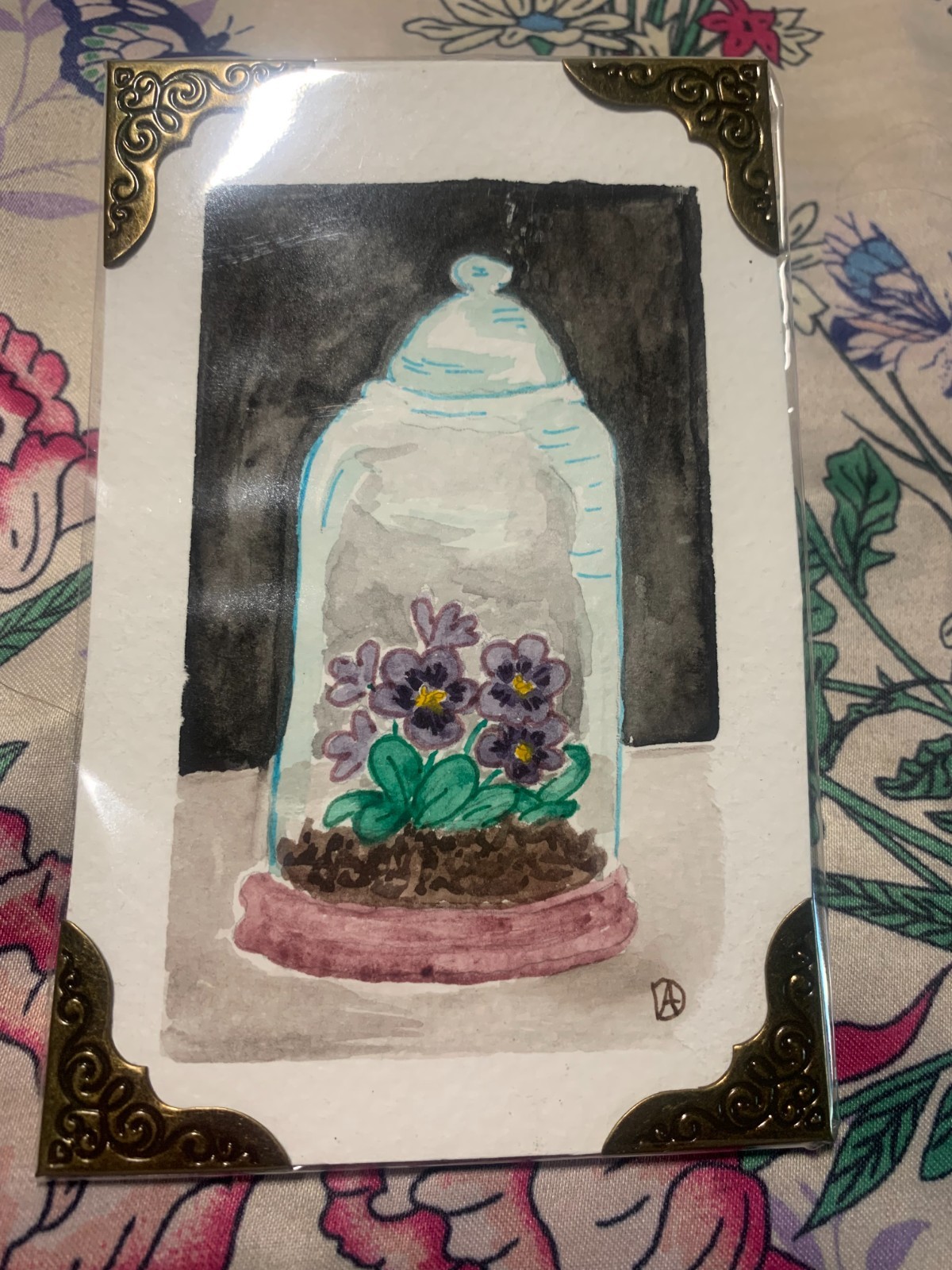 aceos original watercolor violets in terrarium, 4 X 2.5 inches, signed