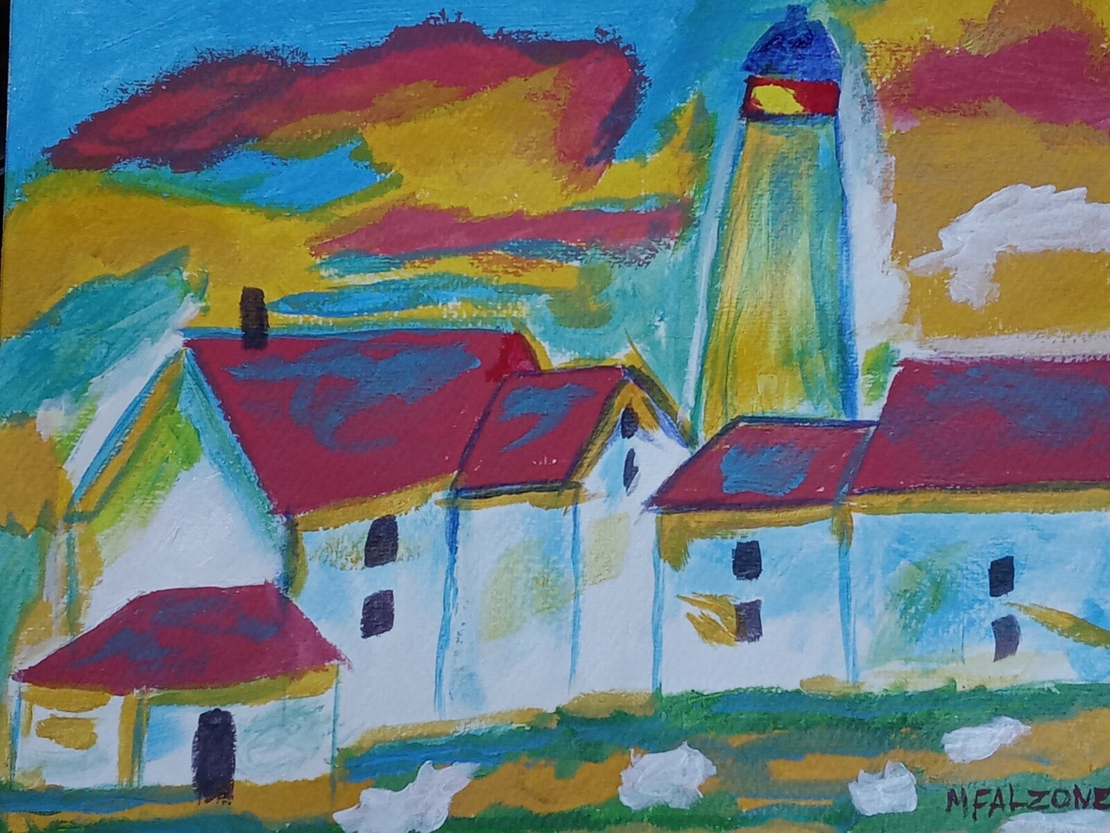 Impressionism Lighthouse, buildings, 11 x 14 Art painting matted to 16 x 20