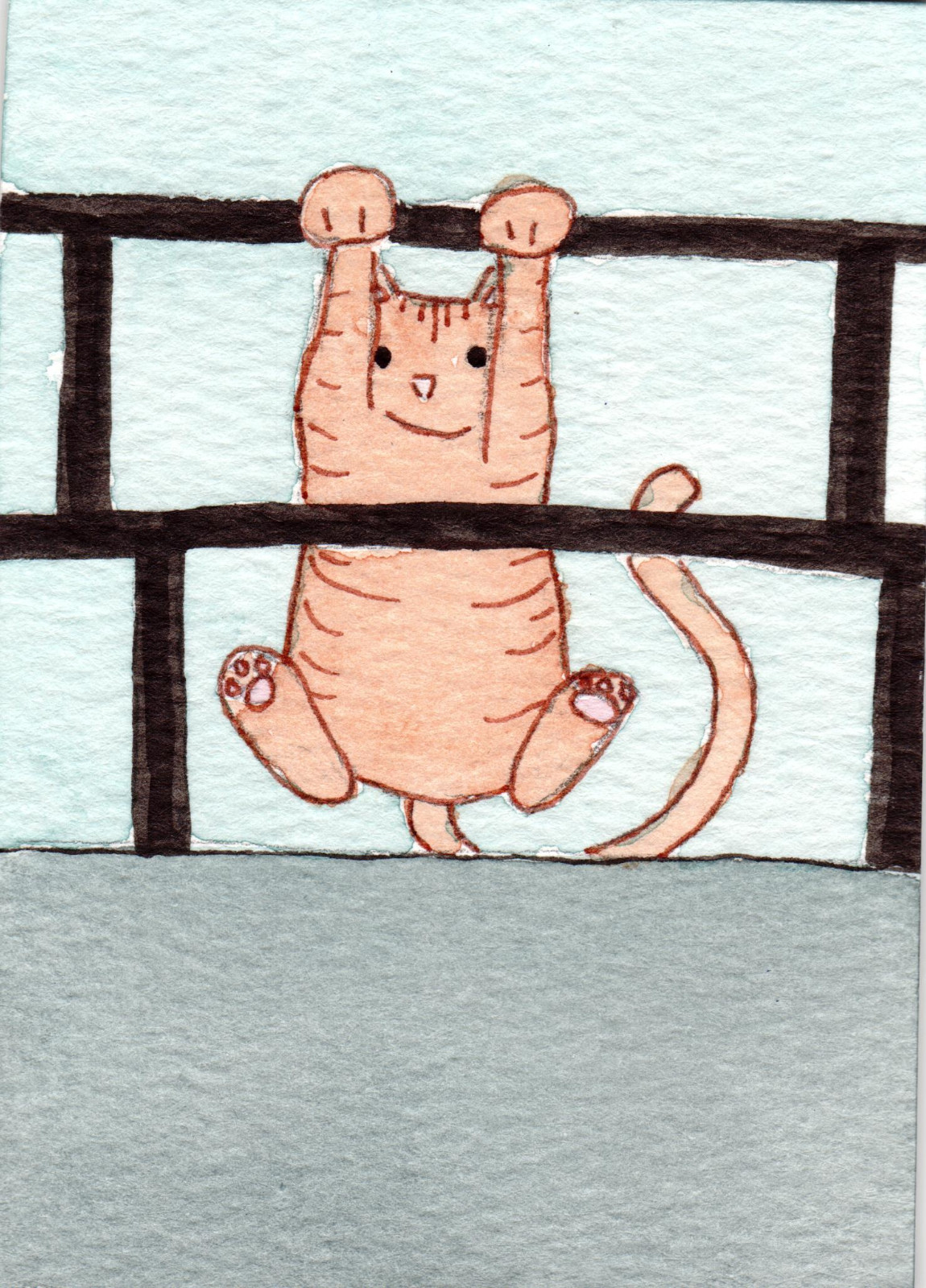 ACEO Watercolor Art Card – Orange Cat Holding On 2.5×3.5