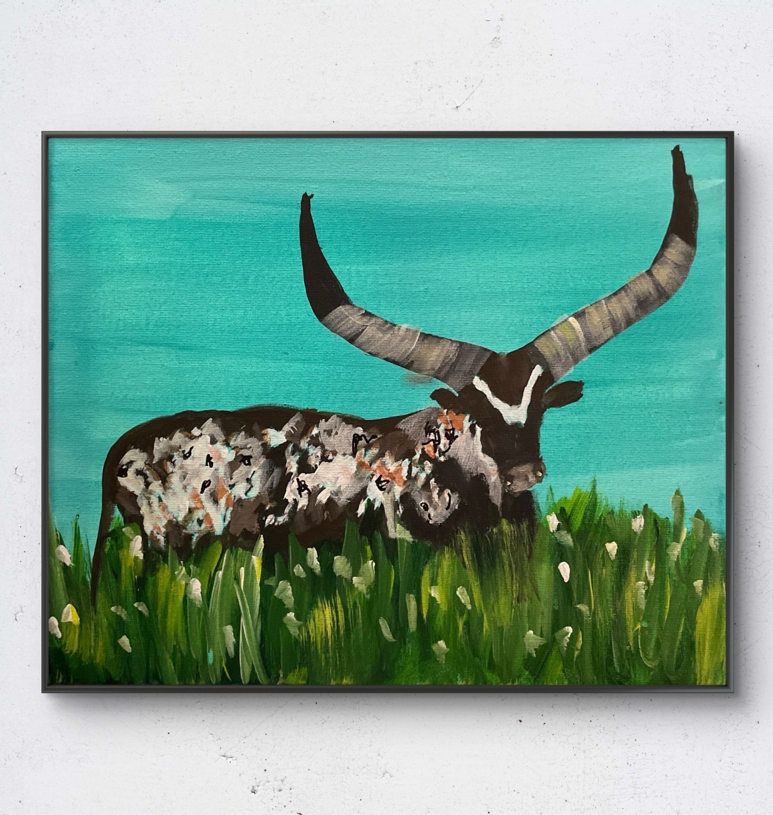 Mary Myers Original Abstract Expressionism Farm11x14 Watusi Cow Signed Fine Art