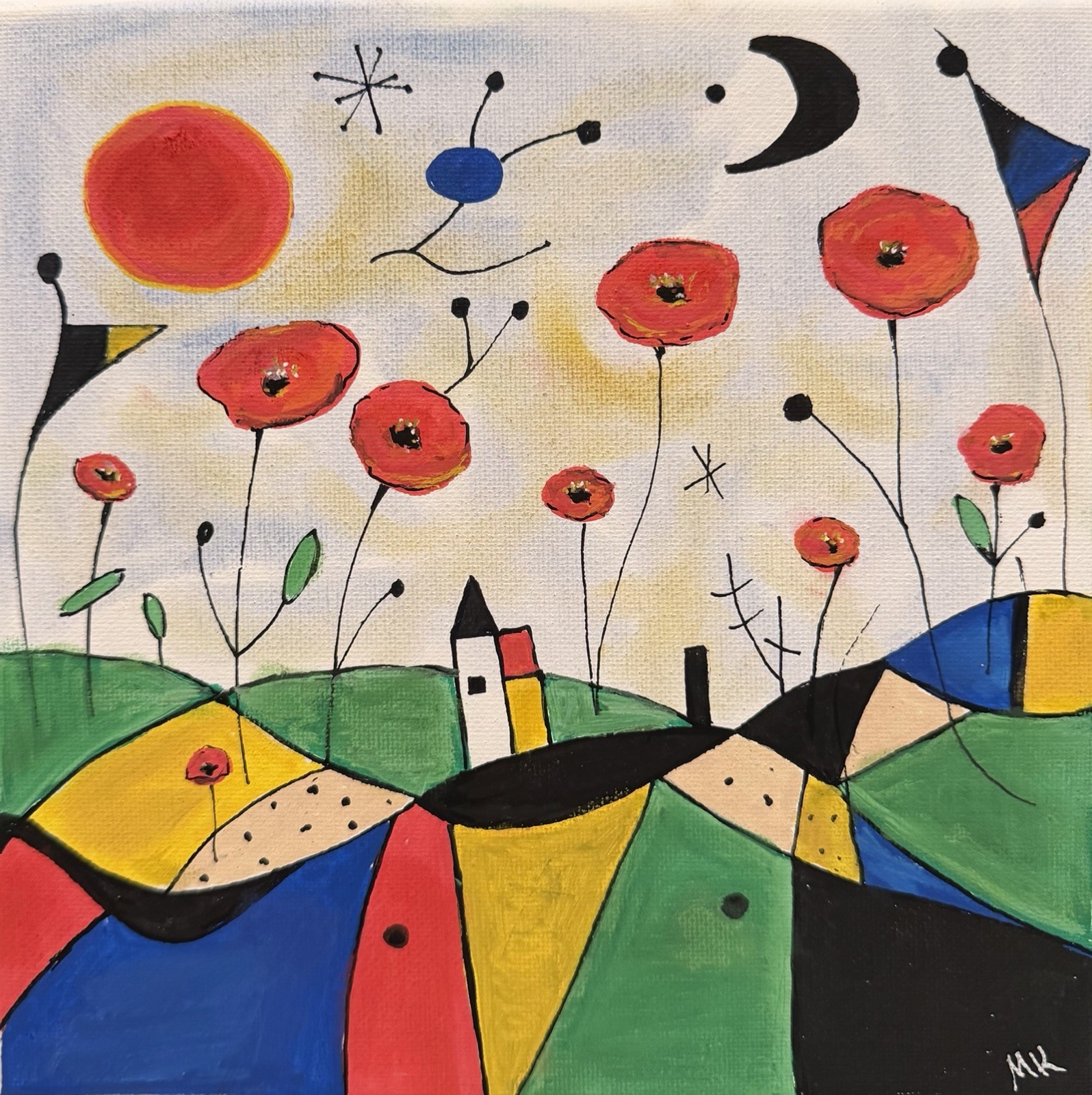 8×8 Original Painting Red Poppies Field Wall Art, Signed, Abstract Art, Gift