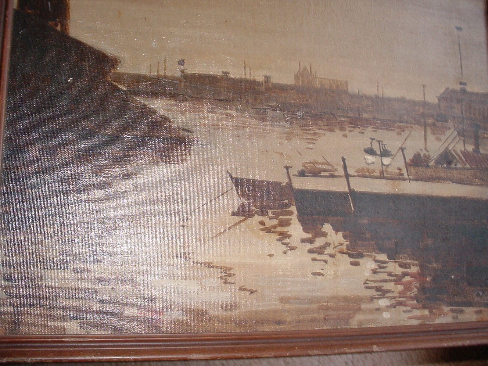 OLD DARK IMPRESSIONIST PAINTING EXOTIC HARBOR SCENE FOREIGN PORT 18 BY 14