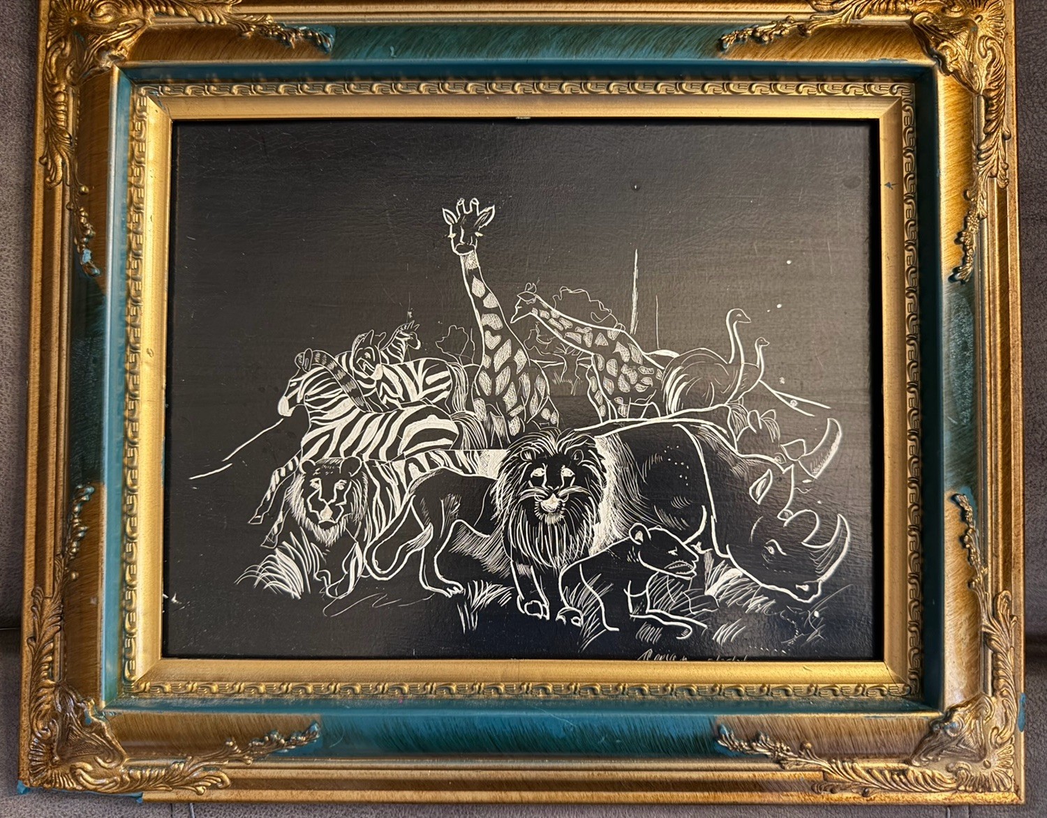 Scratch Board Art African Zebra Lion Giraffe Rhinoceros Framed Signed 2014