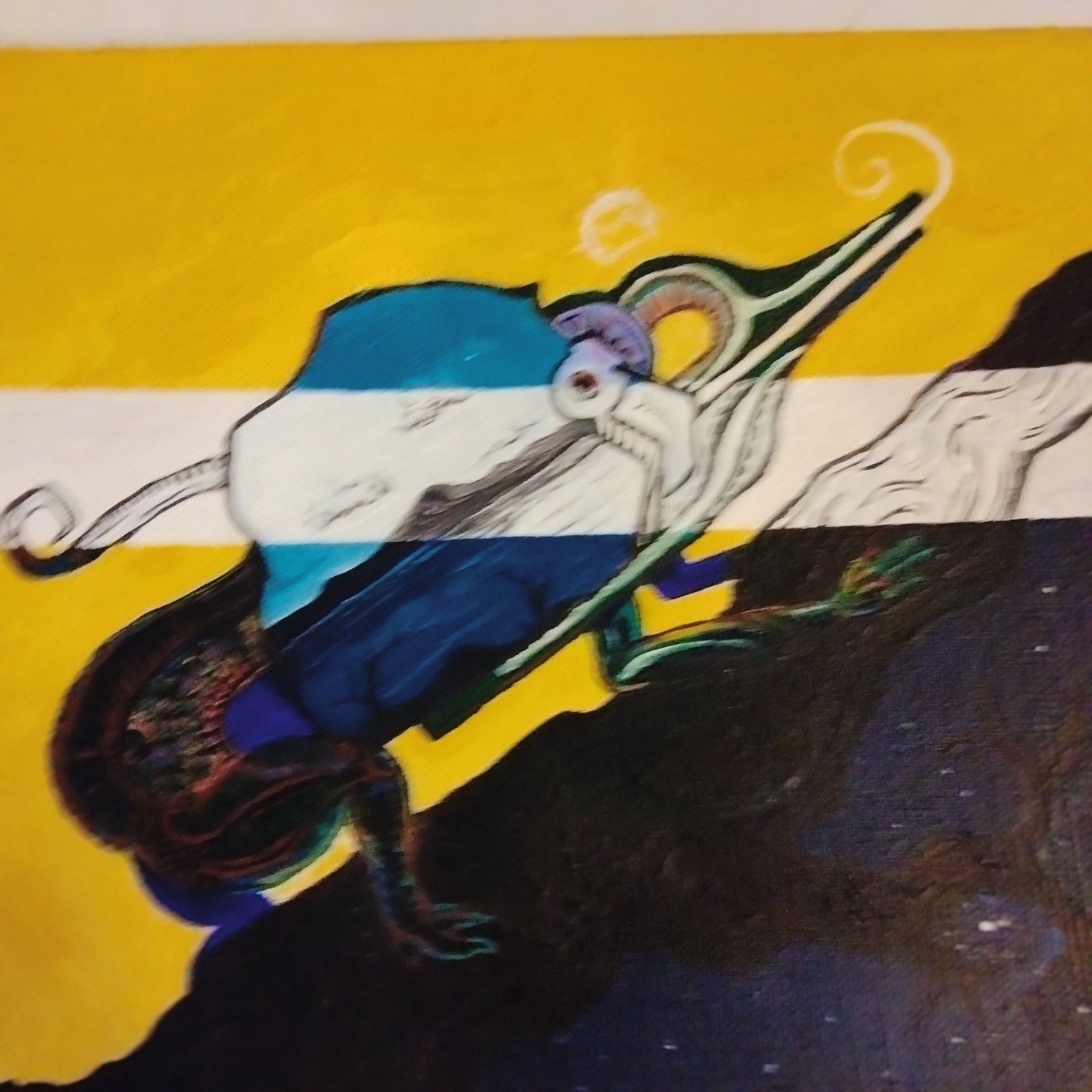 Abstract Surrealist Painting Canvas Ram Inspired Lizard Creature OOAK Signed O