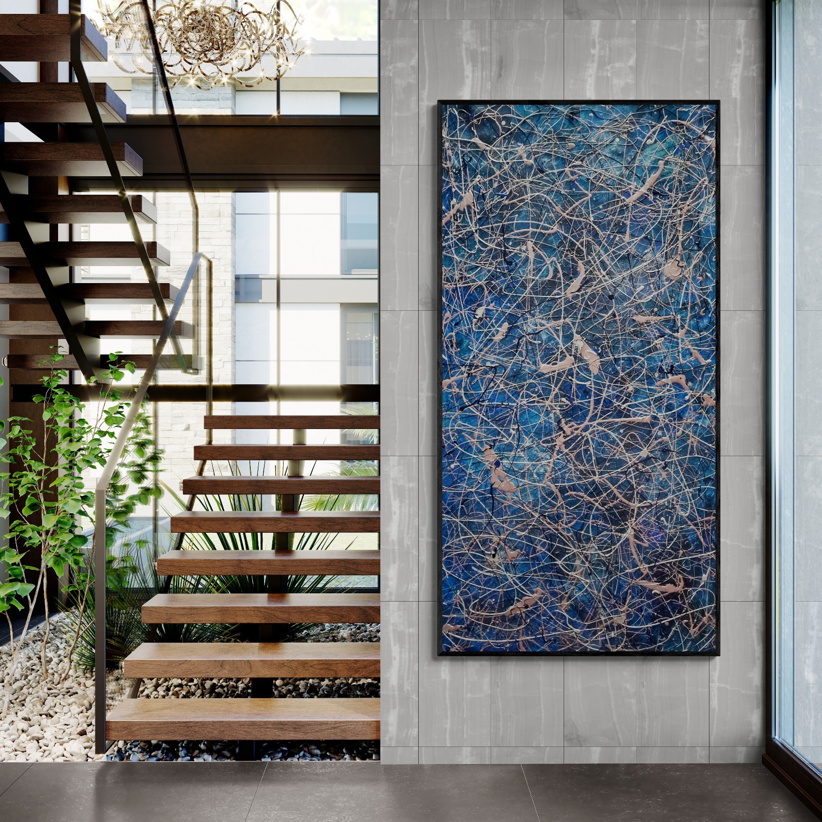 One-of-a-Kind Pollock Style Blue & Rose Gold Abstract Canvas – 59×30 in
