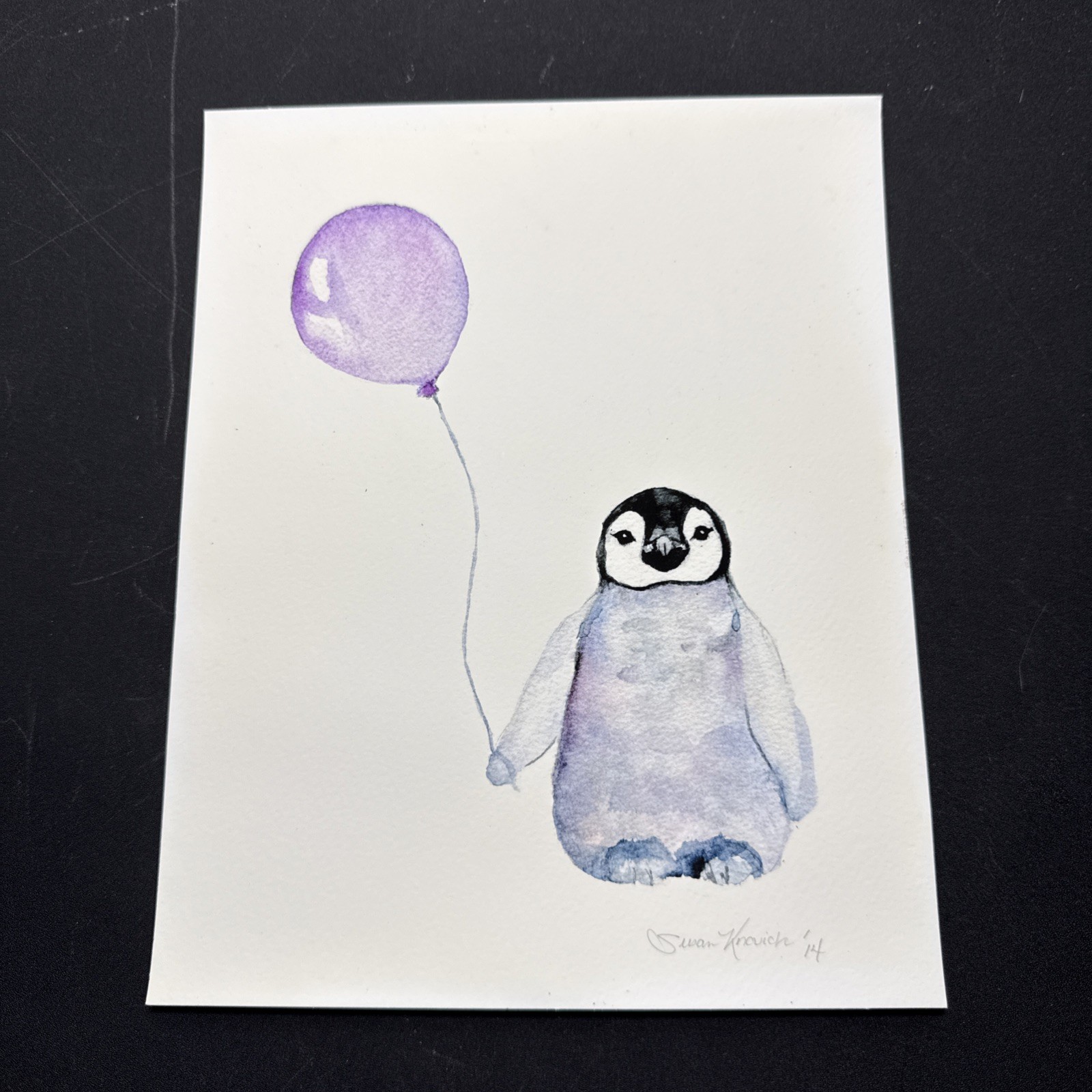 Original Watercolor Baby Penguin Purple Balloon Signed Susan Khovich 2015