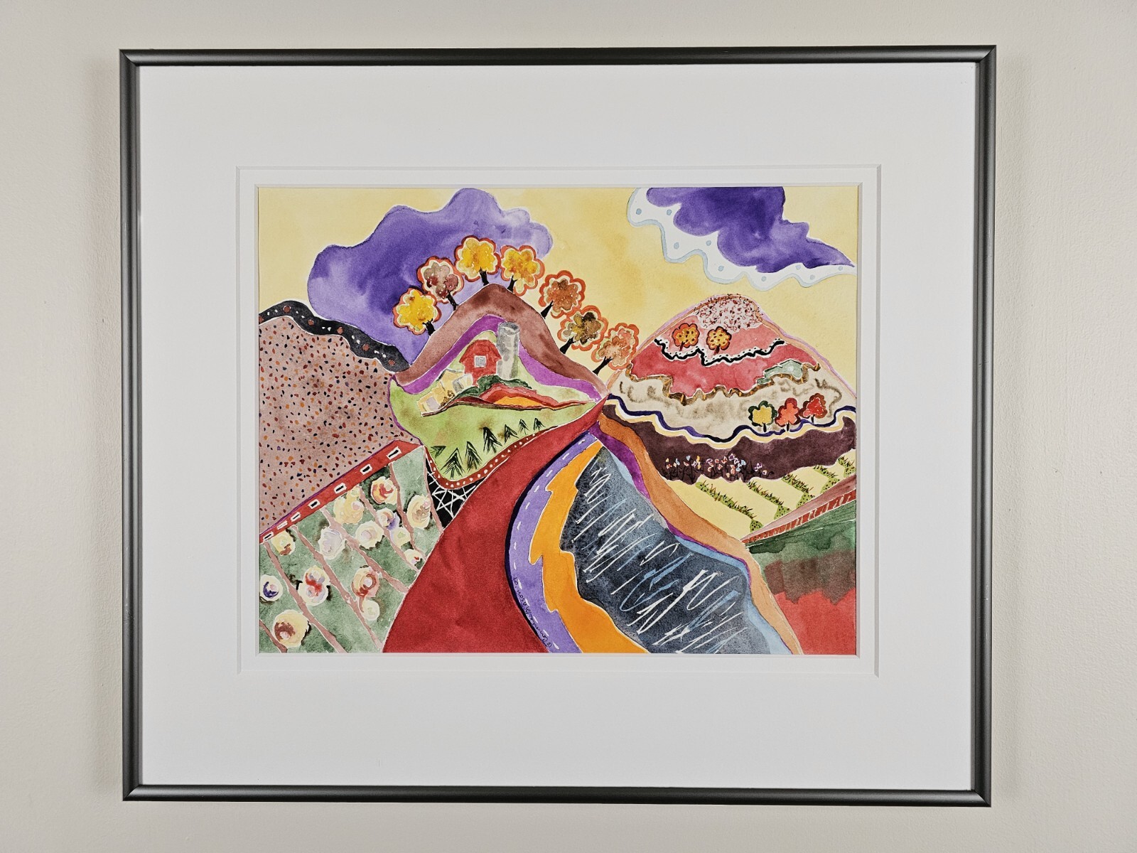 Original Illegibly Signed Watercolor Painting 18.75×16.25 Framed Abstract Art