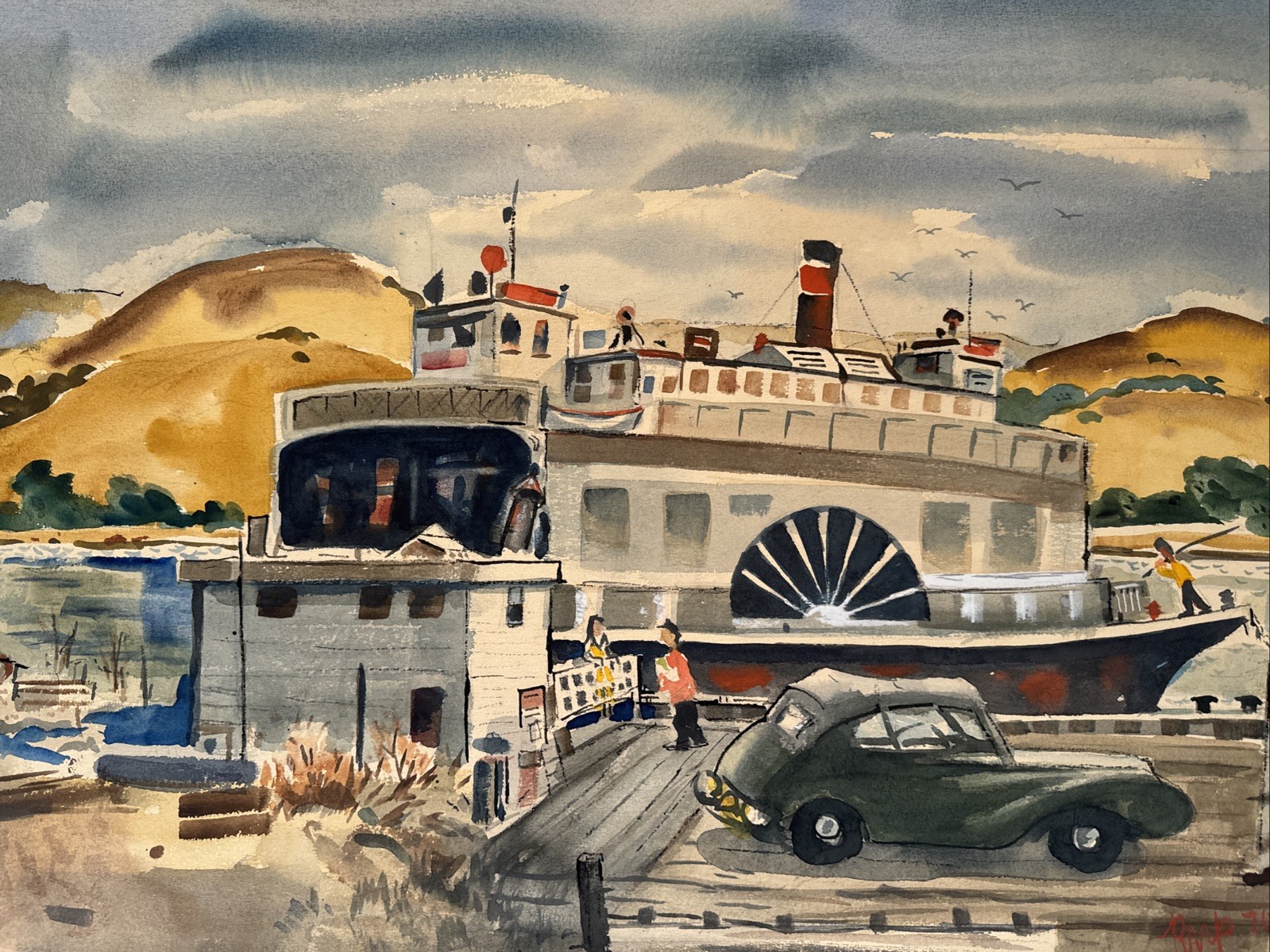 California Regionalist Painting Ferry Boat Dock Classic Car Landscape Vintage