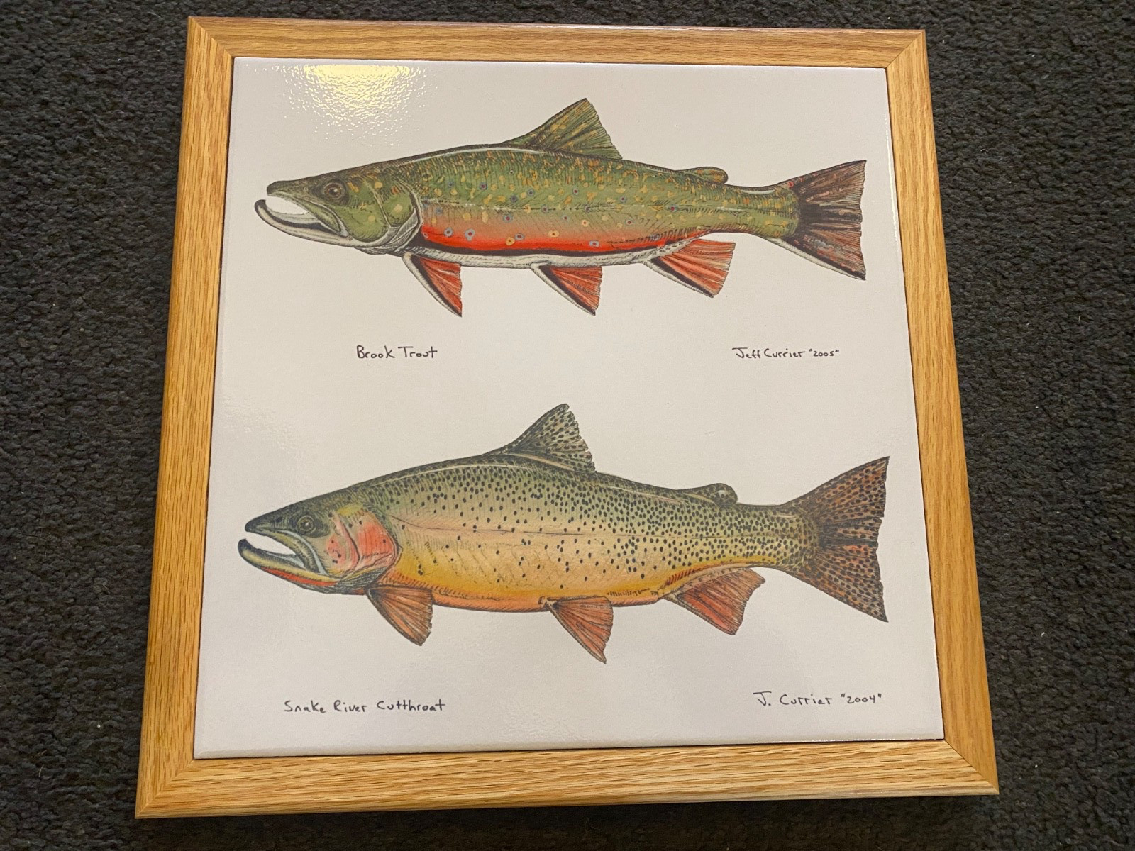 Jeff Currier 2004 2005 Ceramic Tile Framed Trout Fish Art Fly Fishing RARE