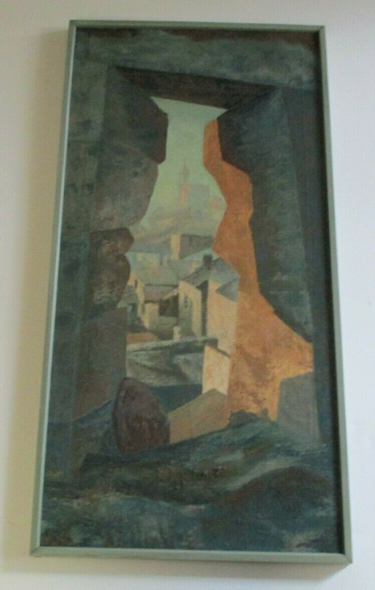 MODERNIST COMPOSITION 40 INCHES OIL ON CANVAS CITY VIEW THROUGH HOLE WINDOW MOD
