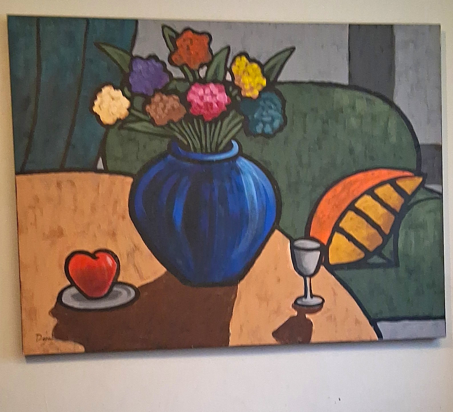 Signed Modern Still Life Painting Flowers Blue Vase & Fruit, Unframed