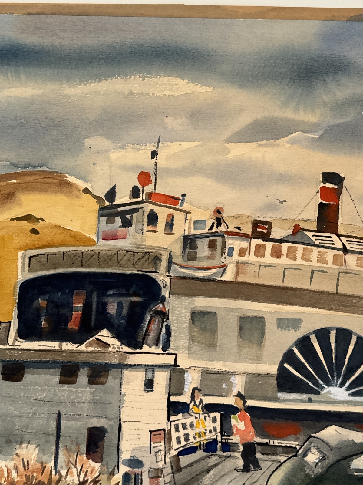 California Regionalist Painting Ferry Boat Dock Classic Car Landscape Vintage