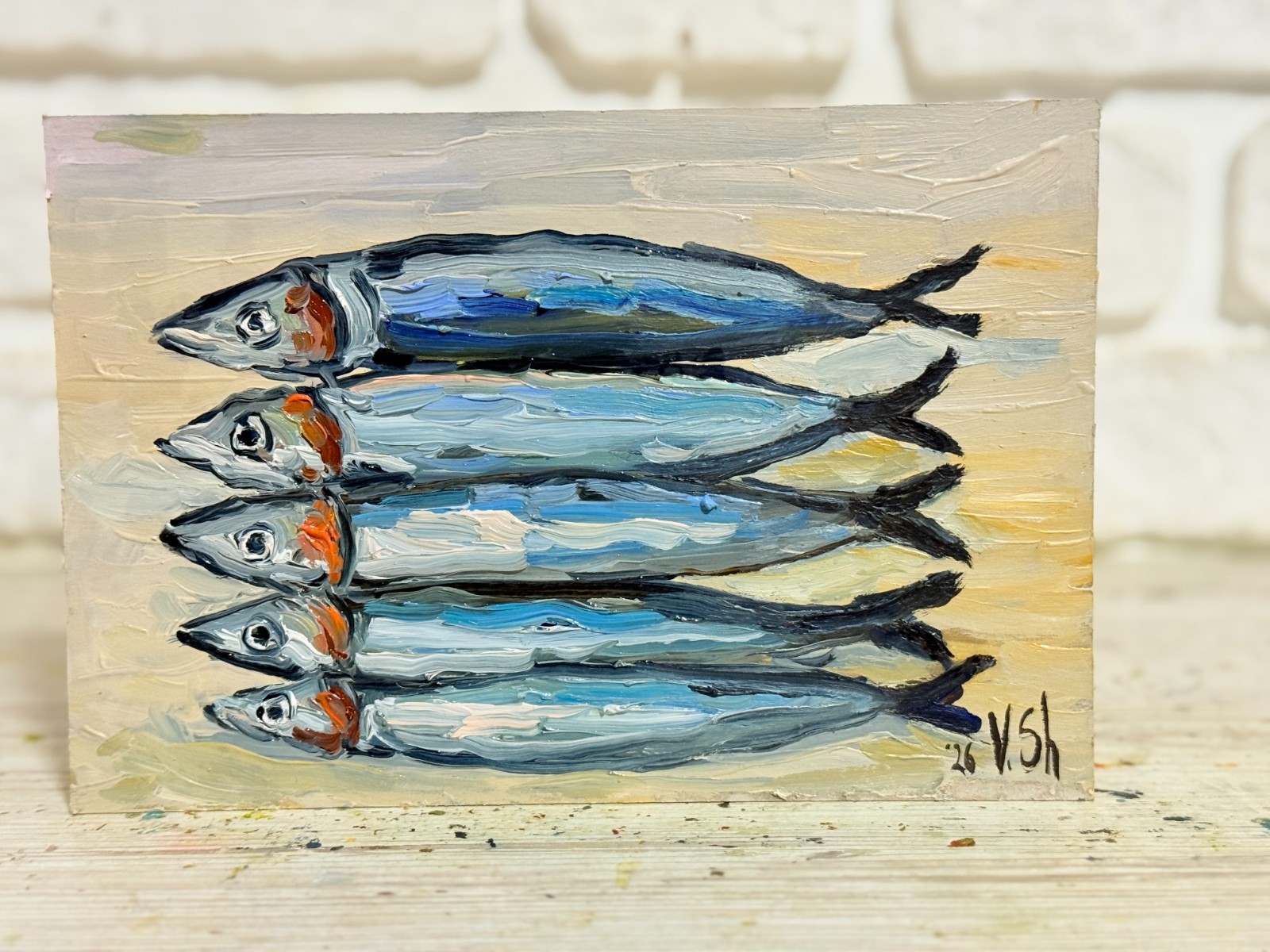 Sardine Original Oil Painting Fish Seafood Art Sardine Still life Kitchen Signed
