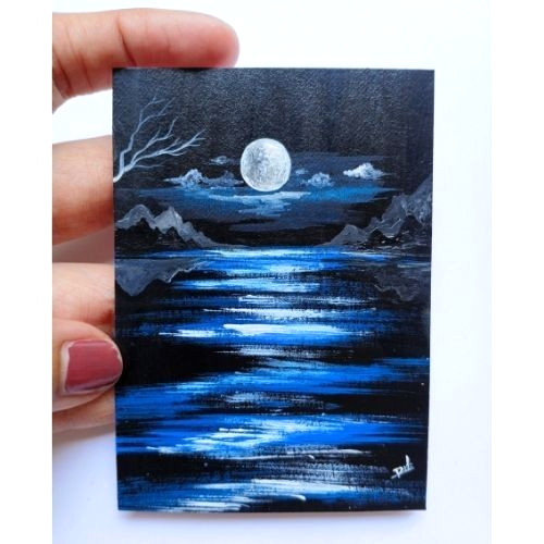 ACEO Original Landscape Nature Sky Night Moon Acrylic Art Card Hand Painting NEW
