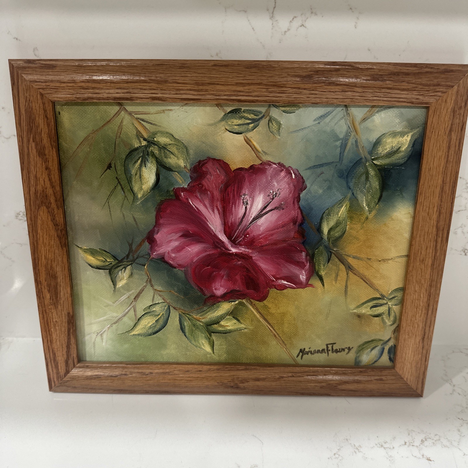 Original Painting Pink Hibiscus Flower Signed – Frame Is 11.5” X 9.5”