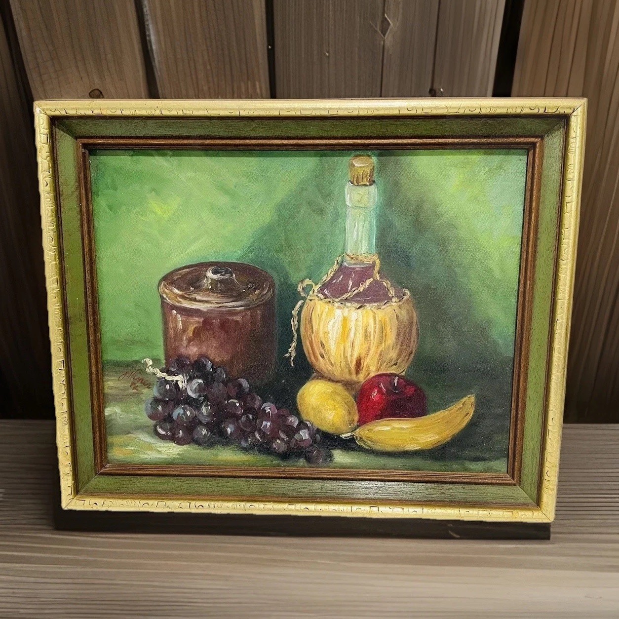 Vtg Still Life Oil Fruit Cheese Crock Wine Painting Signed J. Hines 21x17x1.5in