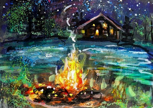 ACEO Original PAINTING Summer CABIN Camping Fire Night Stars Landscape ATC ART