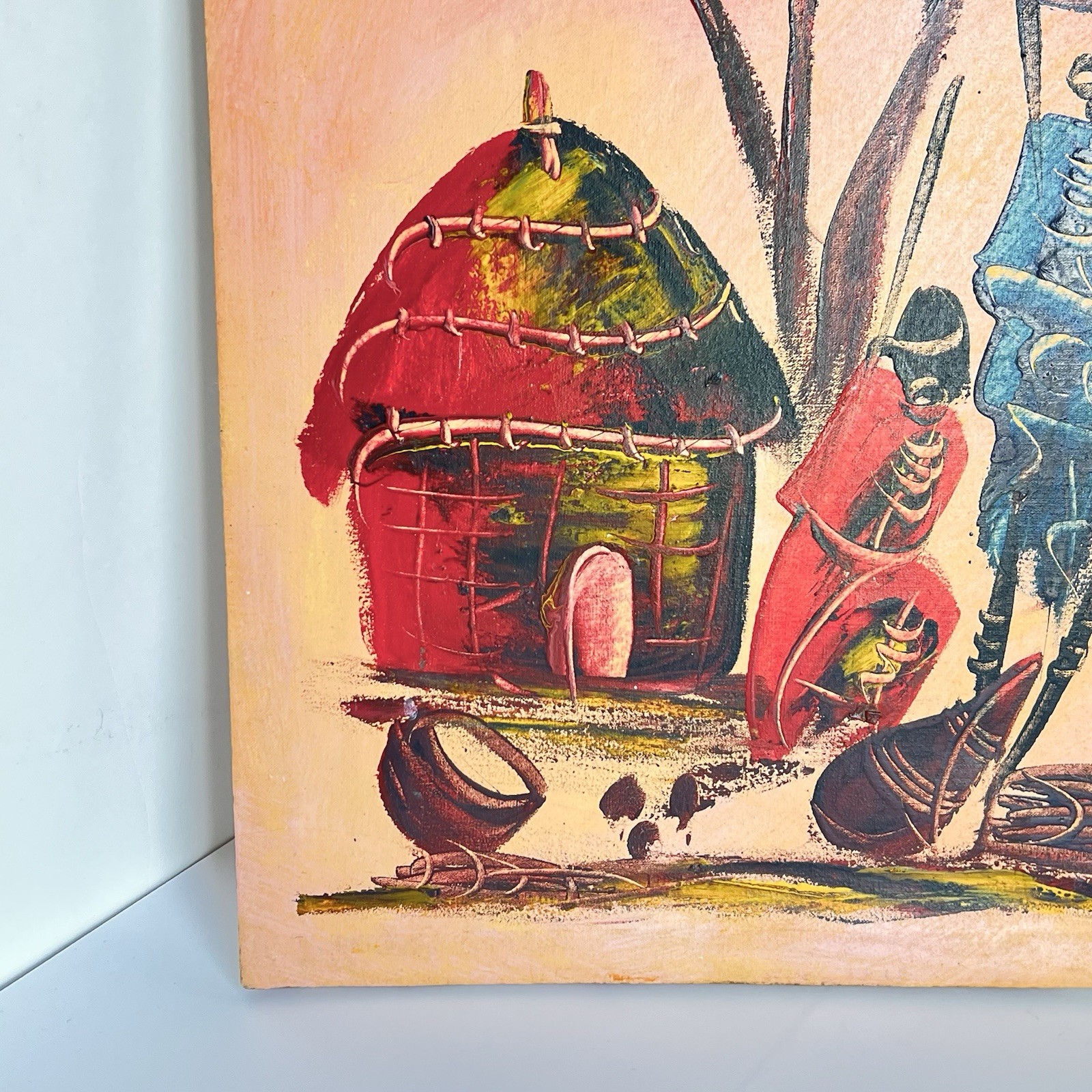 Kenyan Africa Culture Painting On Canvas Signed Twiga Villagers Hut 14.5×21.5 In