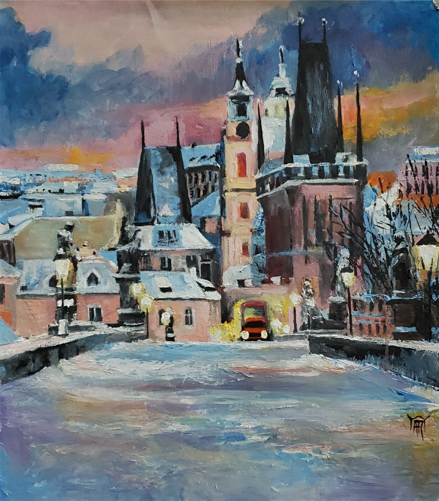 YARY DLUHOS Prague City Winter Snow Charles Bridge Original Art Oil Painting