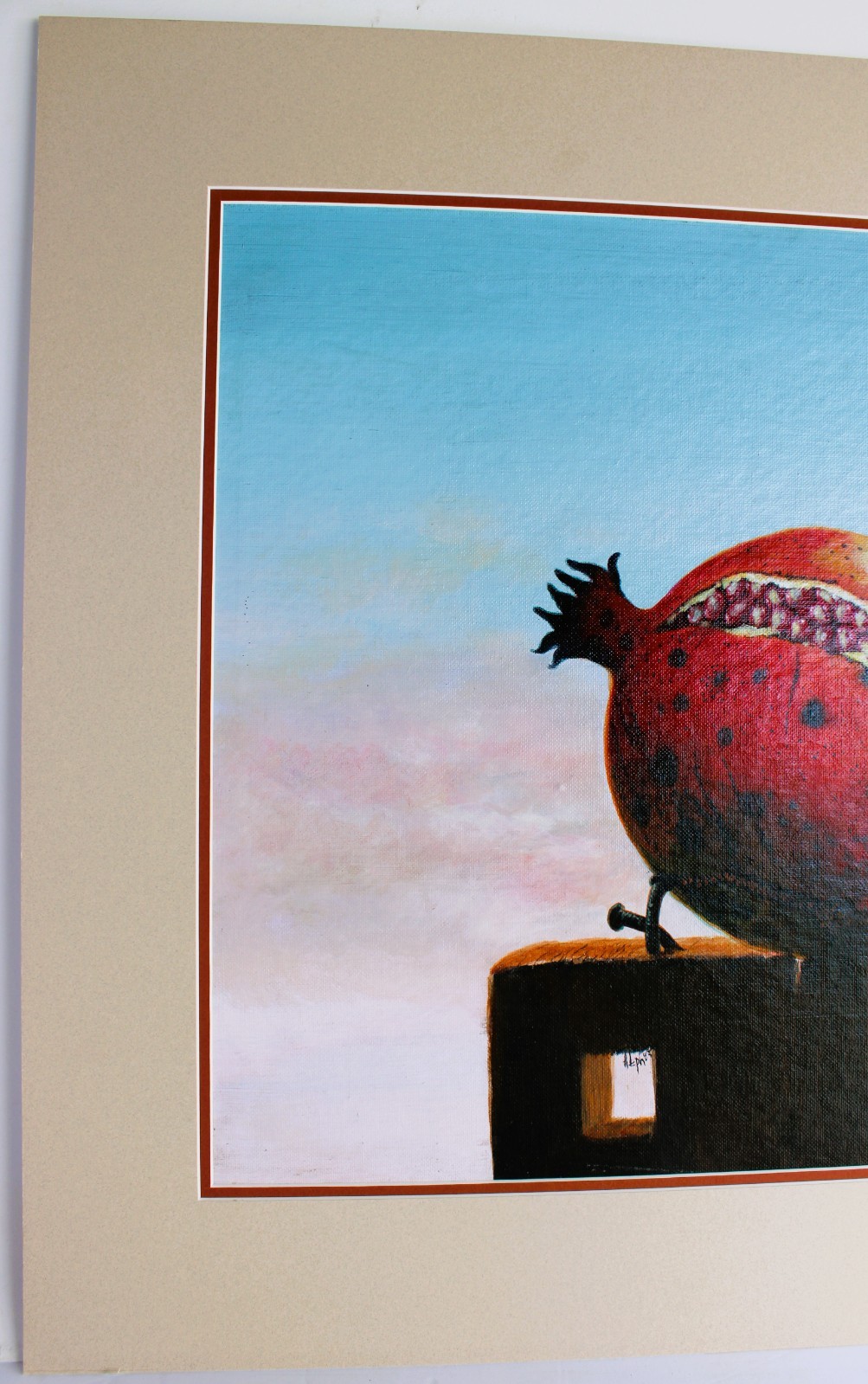 VINTAGE OIL PAINTING ON CANVAS PANEL 1985 SIGNED STILL LIFE POP ART POMEGRANATE