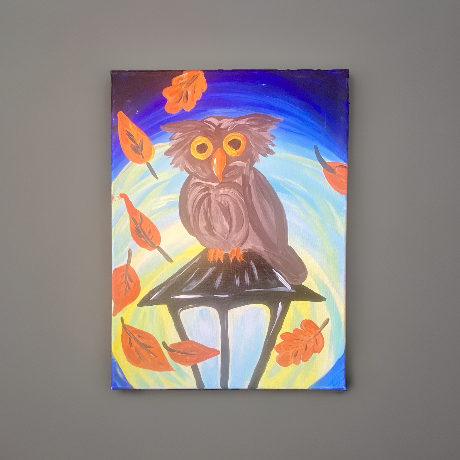 Fall Owl Acrylic Moonlight 11×13 Painting Original Art Autumn Decor