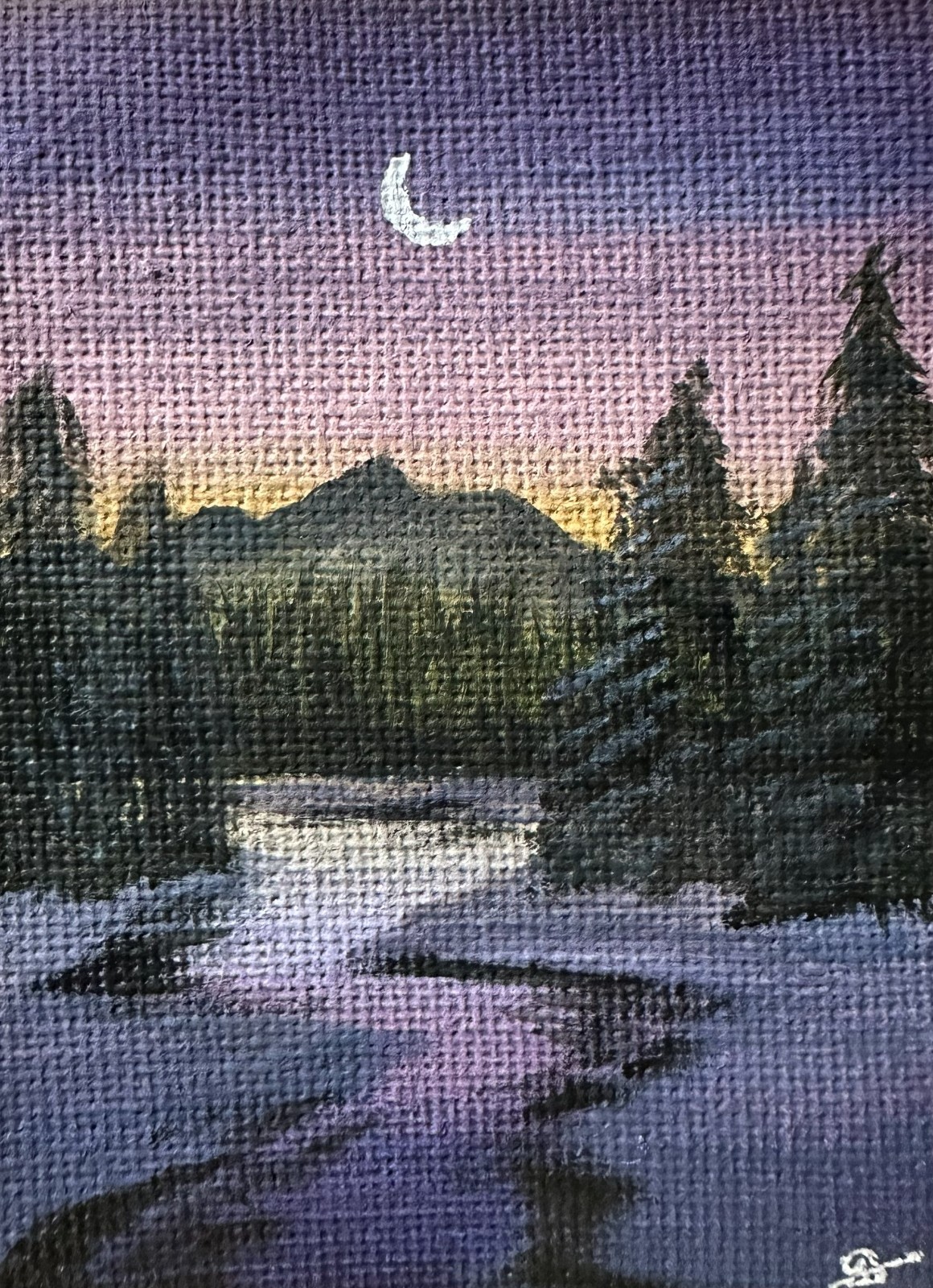 ACEO Original Acrylic Painting Winter Mountain Lake Pine Forest Sunset Scene Art