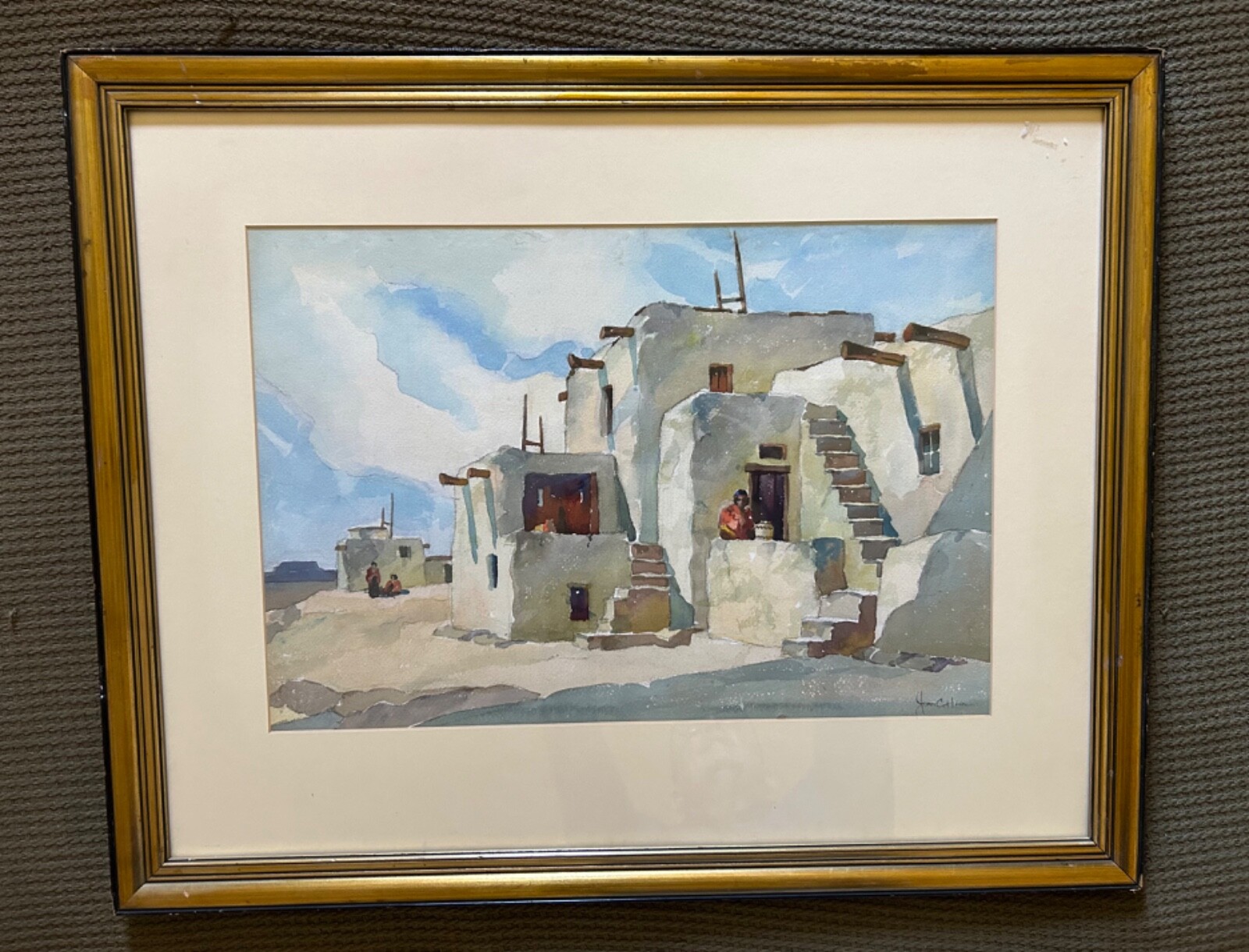 Large John Cuthbert Hare American Watercolor Painting Pueblo ca. 1930s Untitled
