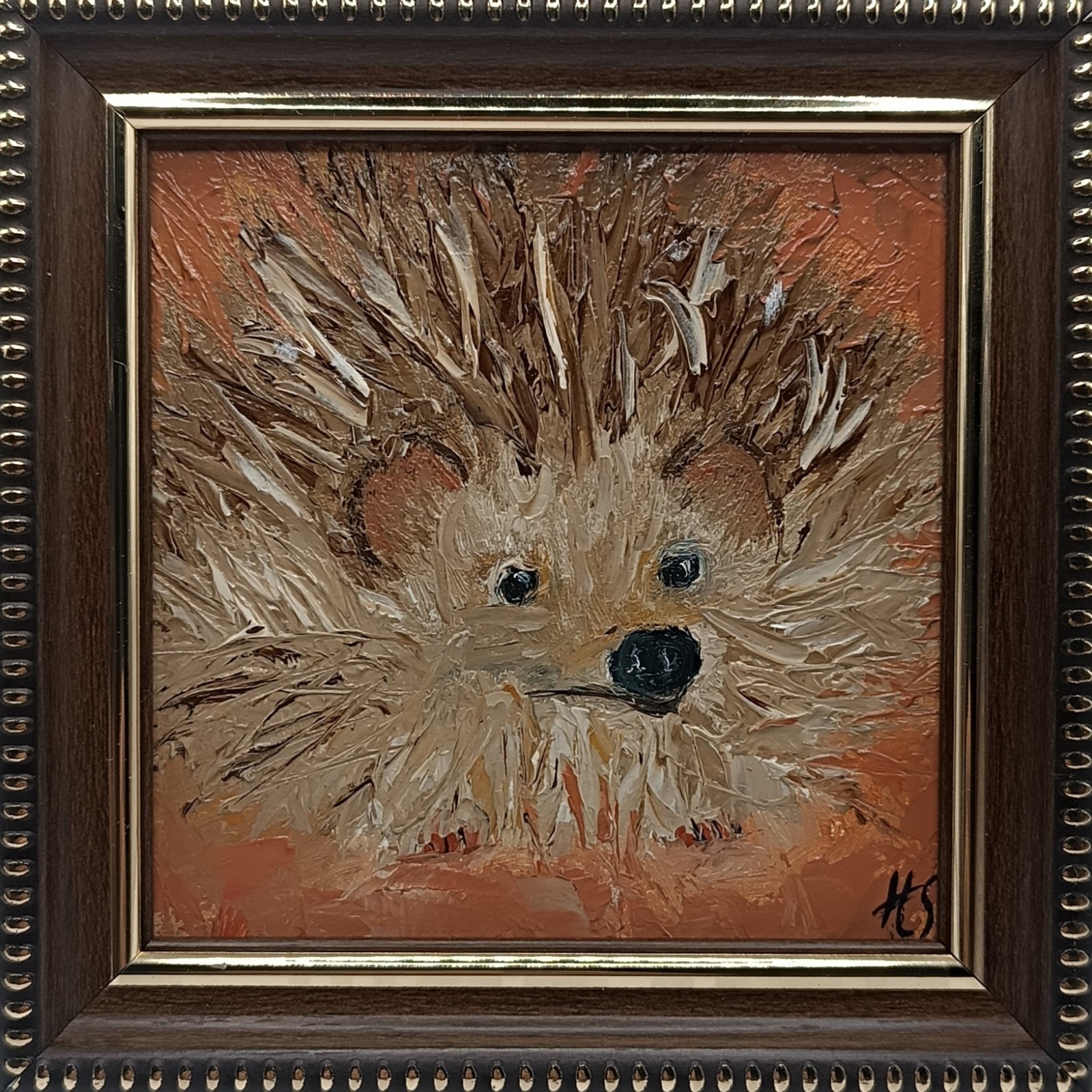Original Hedgehog Oil Painting Cute Animal Framed Square Miniature Nursery Art