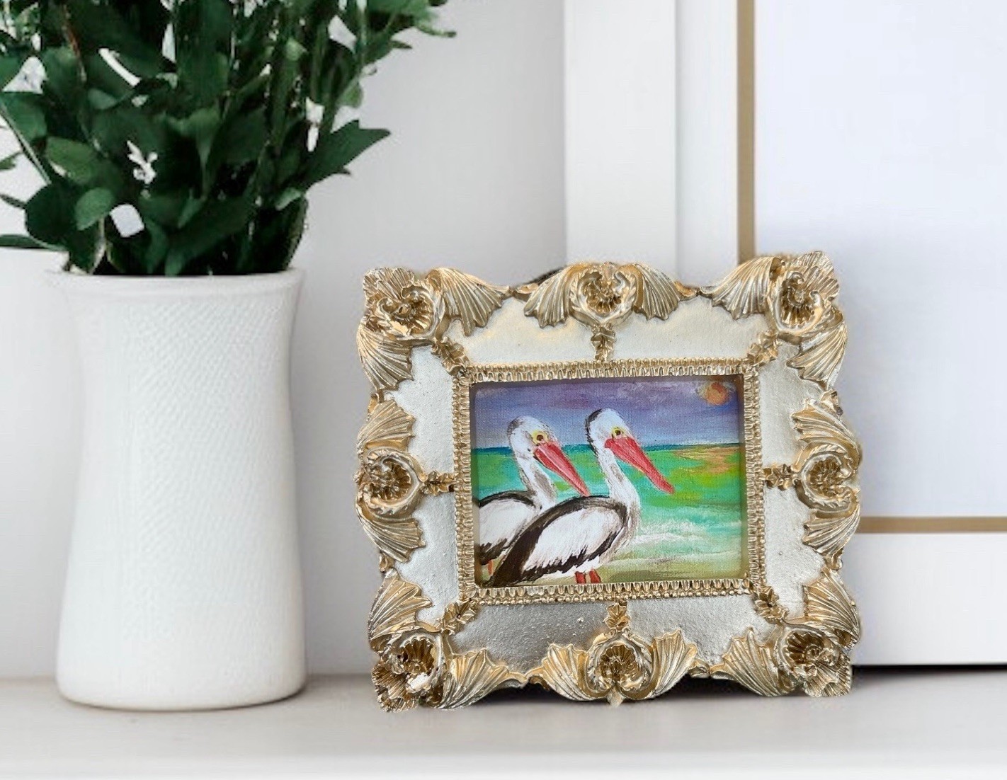 Coastal white pelican beach birds mini watercolor print in vintage ornate frame