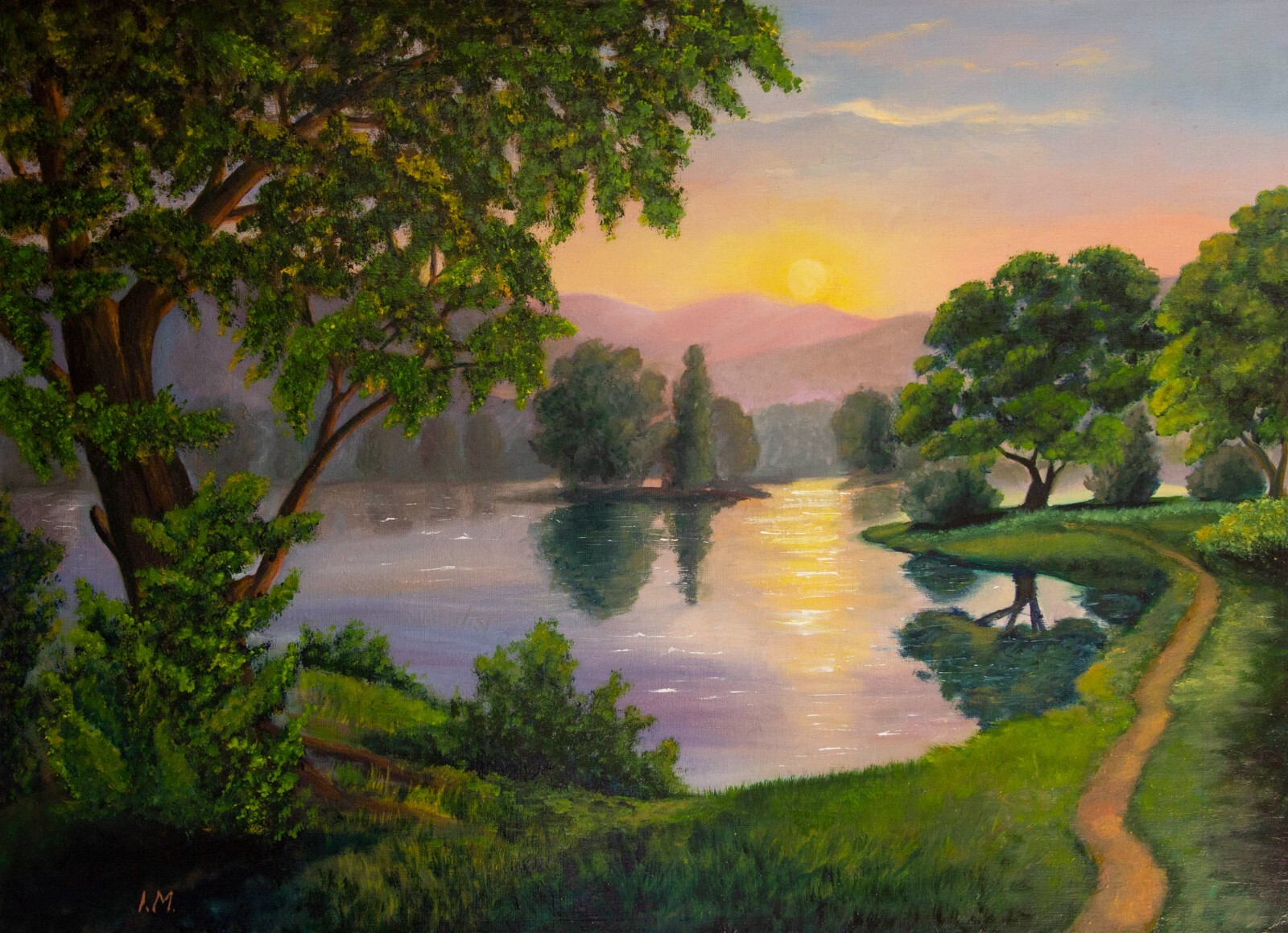 Large Summer Landscape Original Oil Painting Riverside Lake Sunset 23.6×31.4in