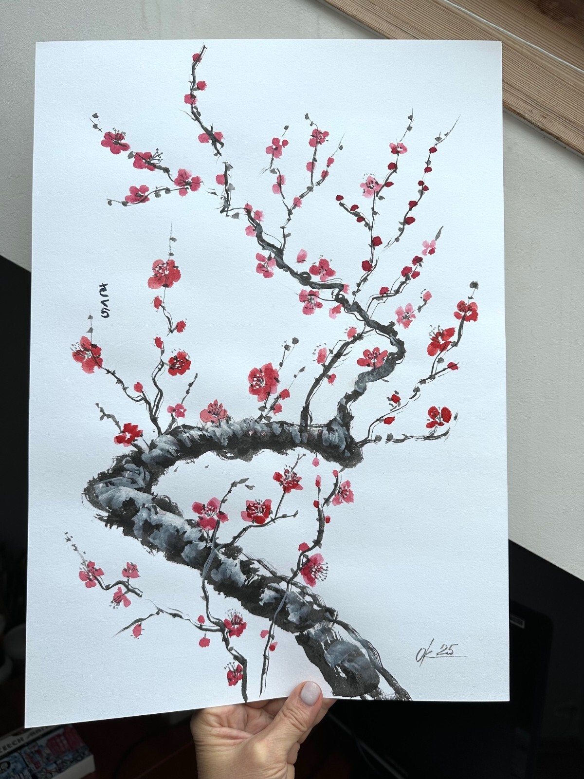 Original paintings Cherry Blossom Branch oriental japanese chinese brush sumi-e