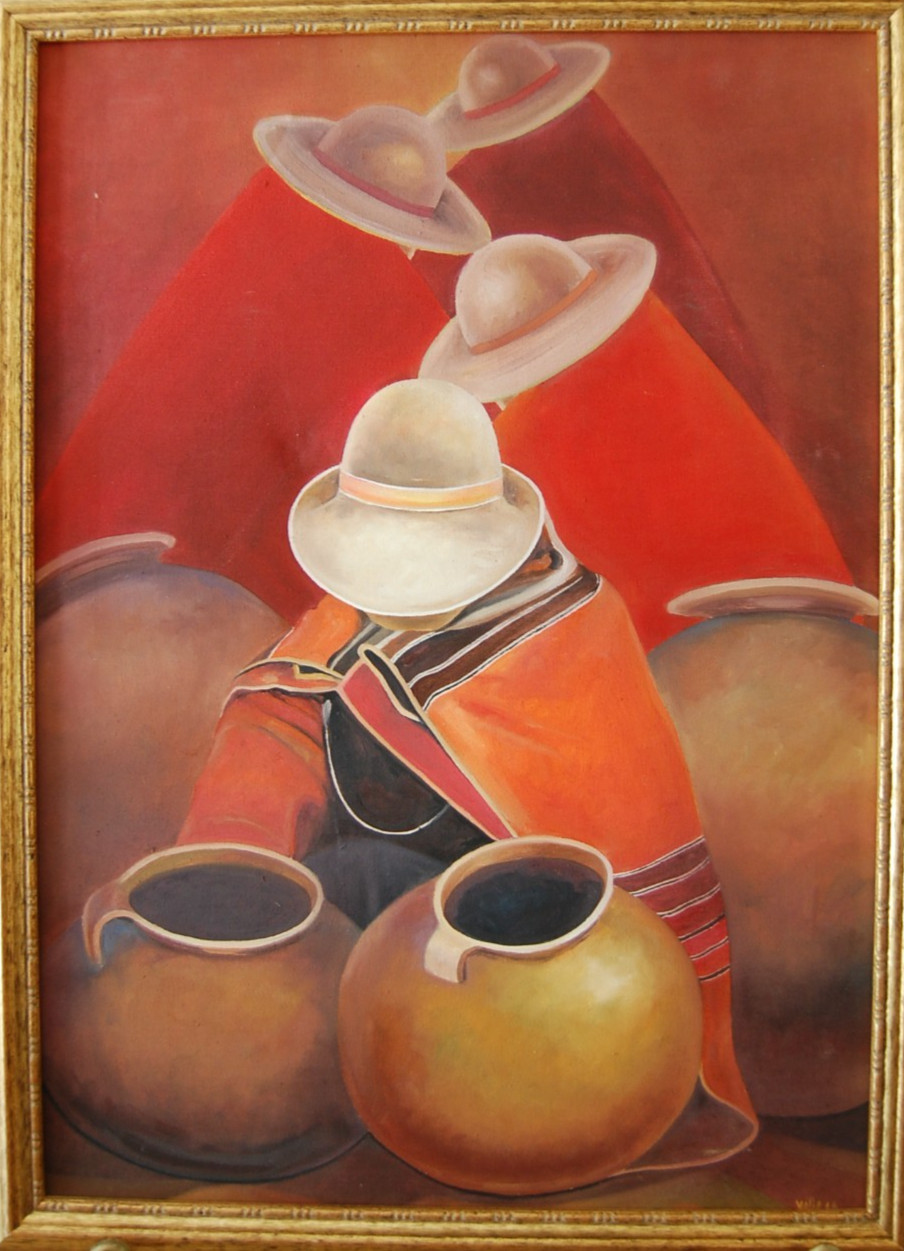 LARGE FRAMED ORIGINAL OIL PERUVIAN WOMEN AND JARS MARKET SCENE ARTIST: VALLE
