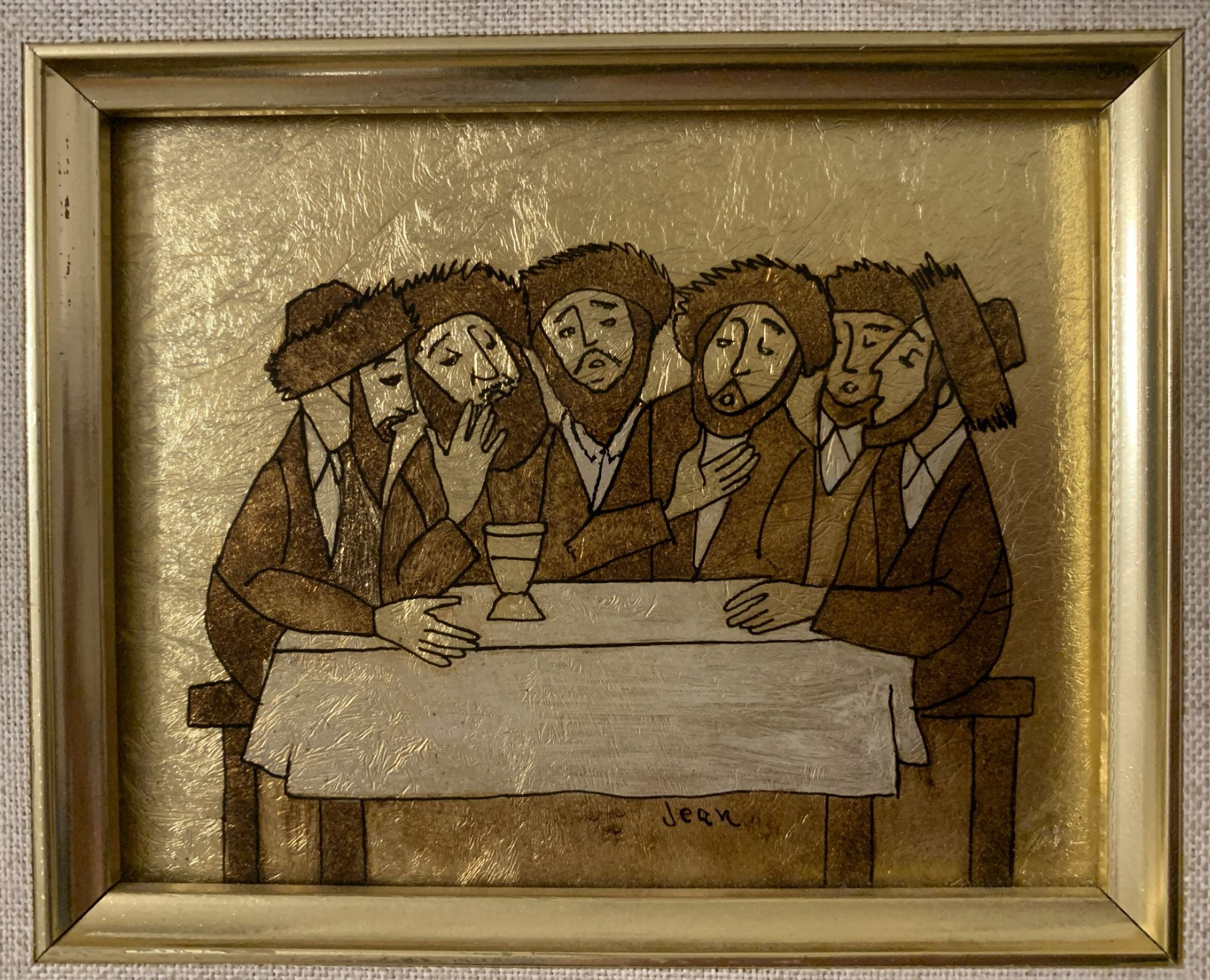 original signed Religious Folk Art Gold Leaf Foil Painting Jewish Men Judaica