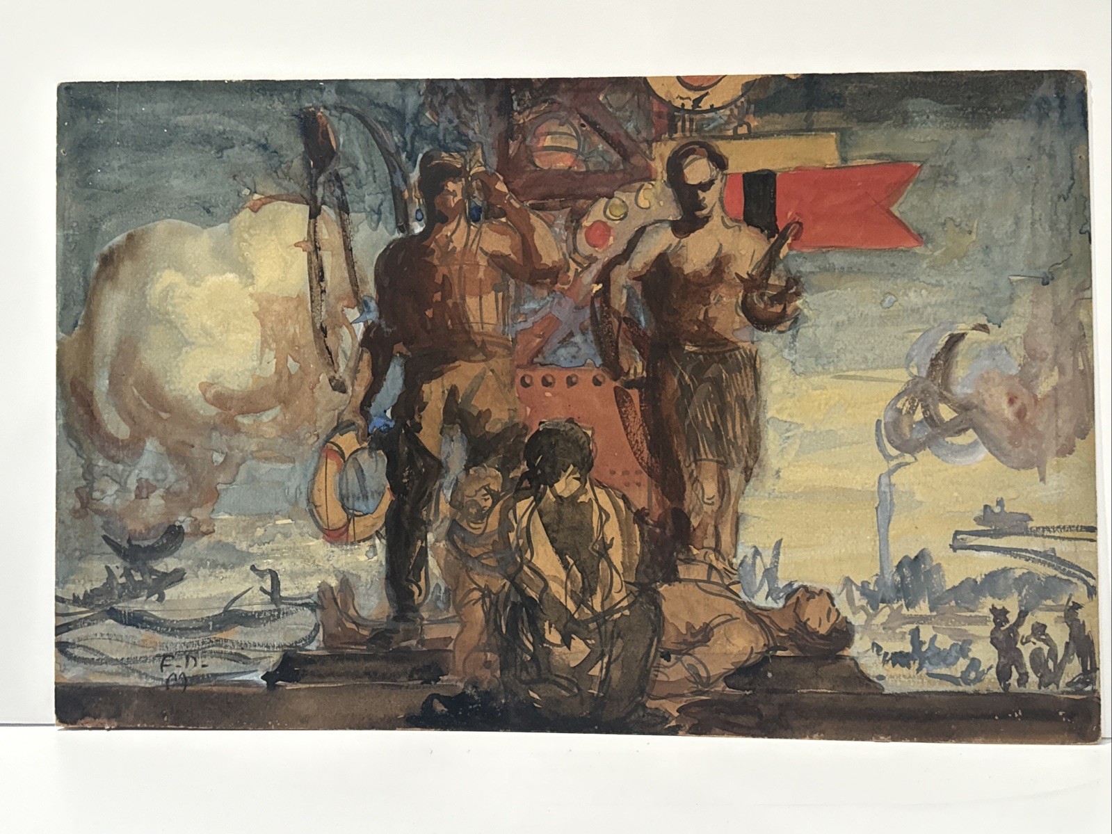Antique Wpa Painting Illustration Frederick Dana Marsh Portrait Industrial Ships