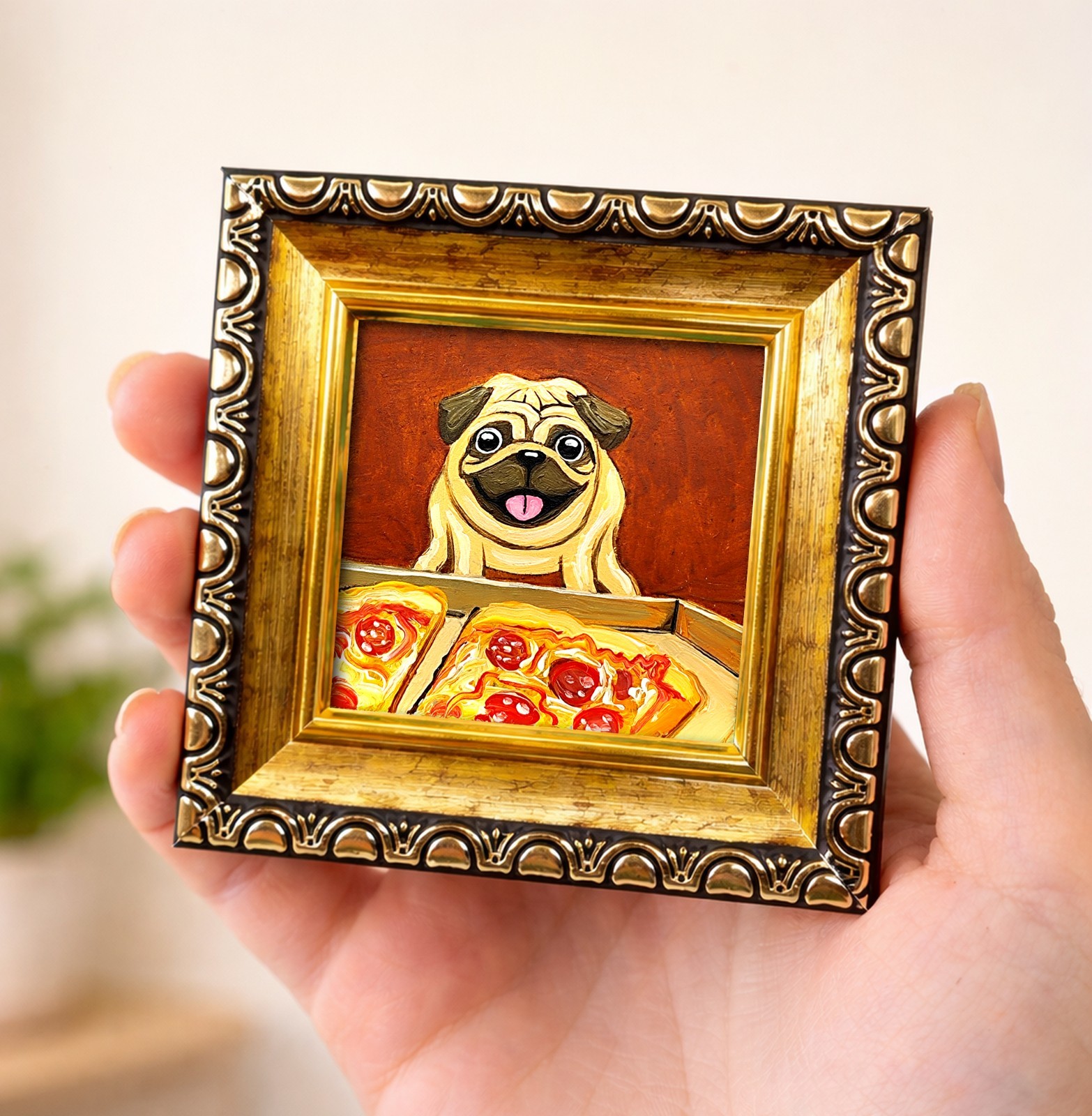 Pug with Pizza Oil Painting, Funny Dog Art, Miniature Framed Wall Decor, 2*2 in