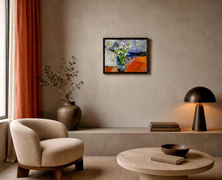 NEW! Oil on cardboard. Scilla Bouquet. Collectable art, impressionism. Best gift