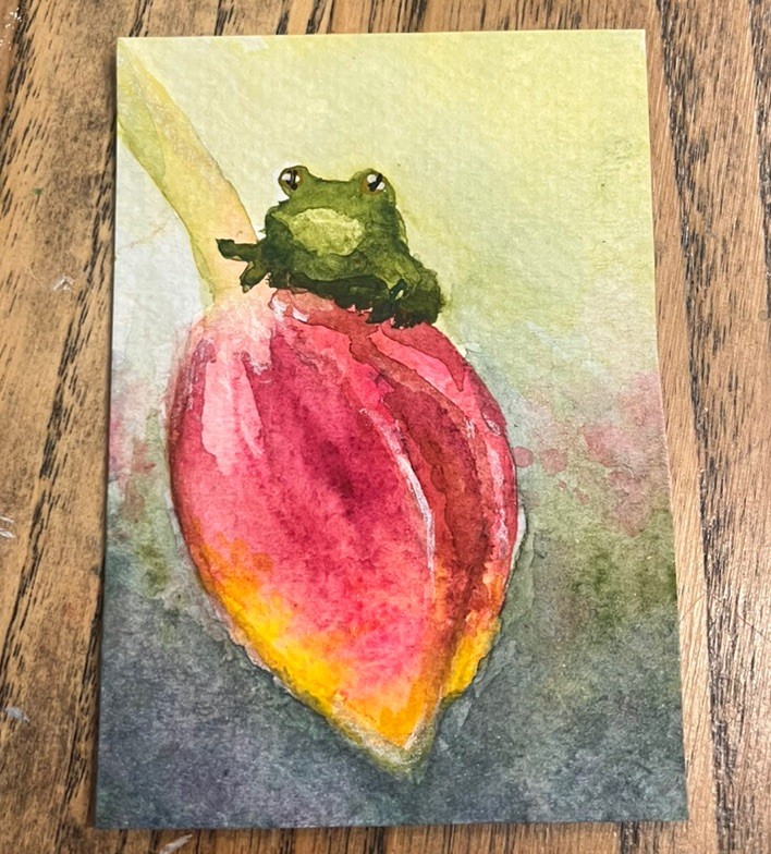 ACEO PRINT tINY frog stuck on pink & yellow tulip Watercolor Painting 3.5×2.5