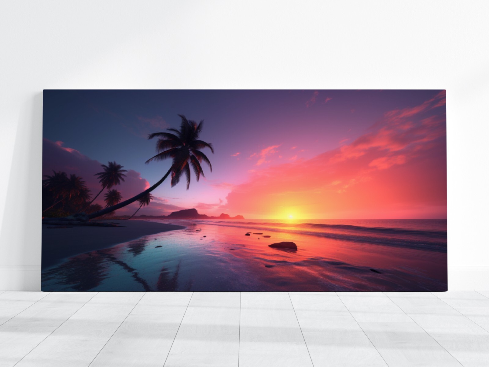 Beach Sunset Painting Portrait, Beach Picture Art Sunset Colorful Sky Landscape