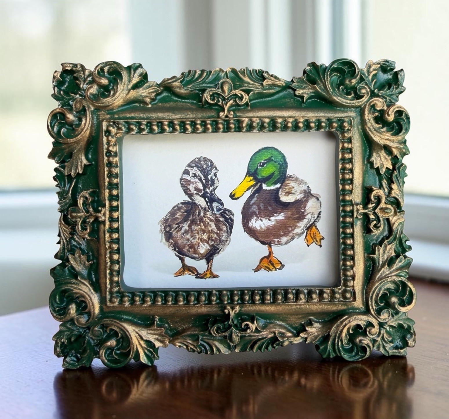 Mallard Duck couple mini watercolor print of original painting • ornate frame