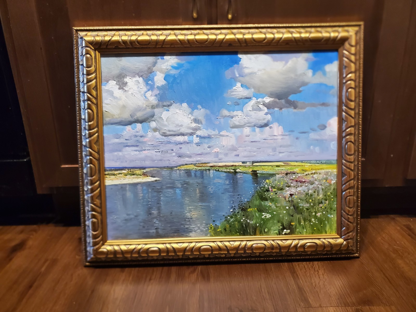 Original Oil Painting in Gold Frame. Summer River Landscape, Clouds, Wildflowers