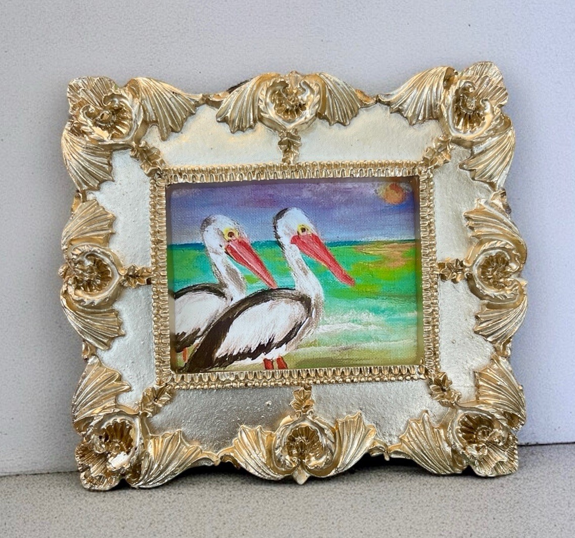 Coastal white pelican beach birds mini watercolor print in vintage ornate frame