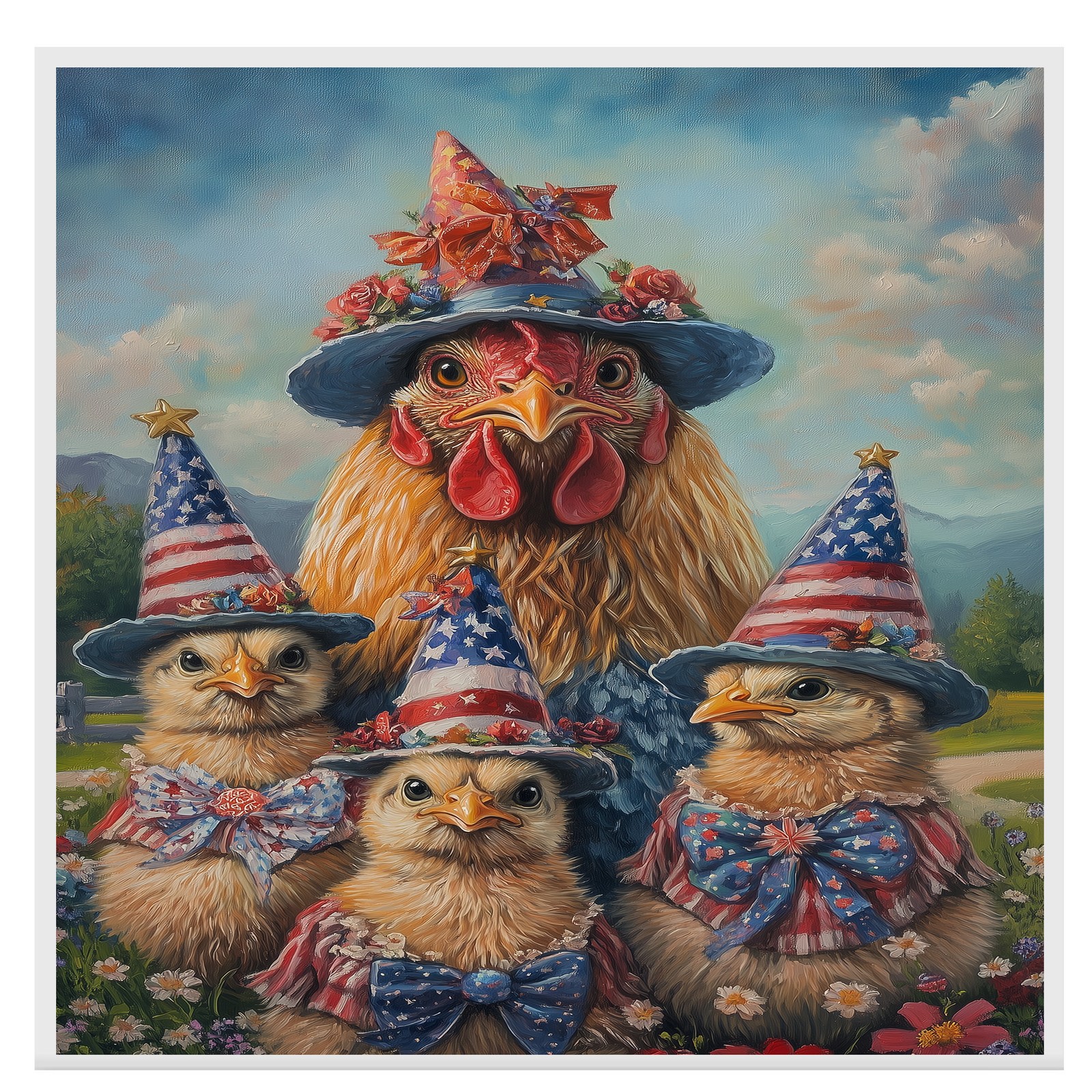 Patriotic Mother Hen and Baby Chicks Americana Farm Animal Painting