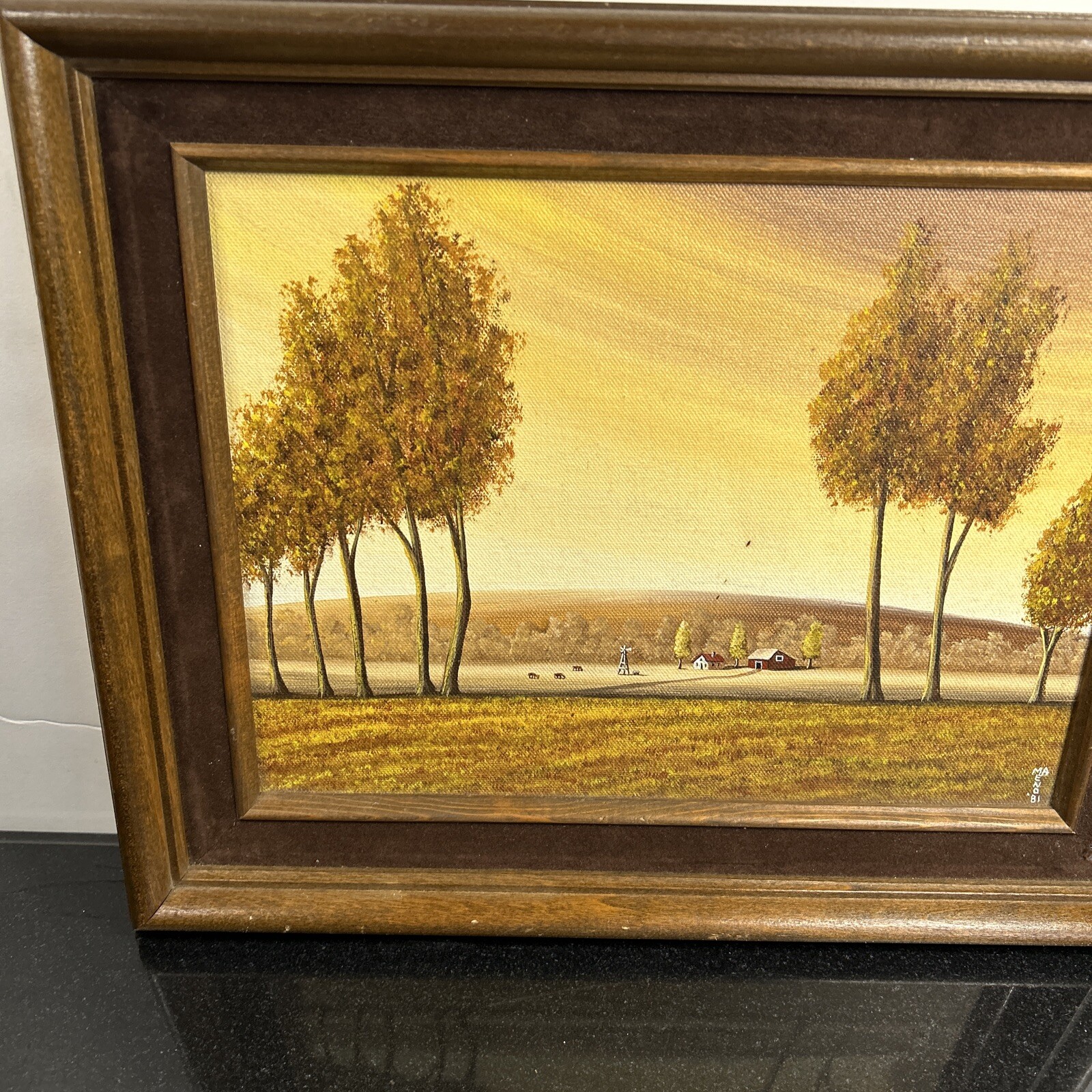Ma Eno Original Folk Art Oil Painting on Canvas – Vintage Trees Landscape Framed
