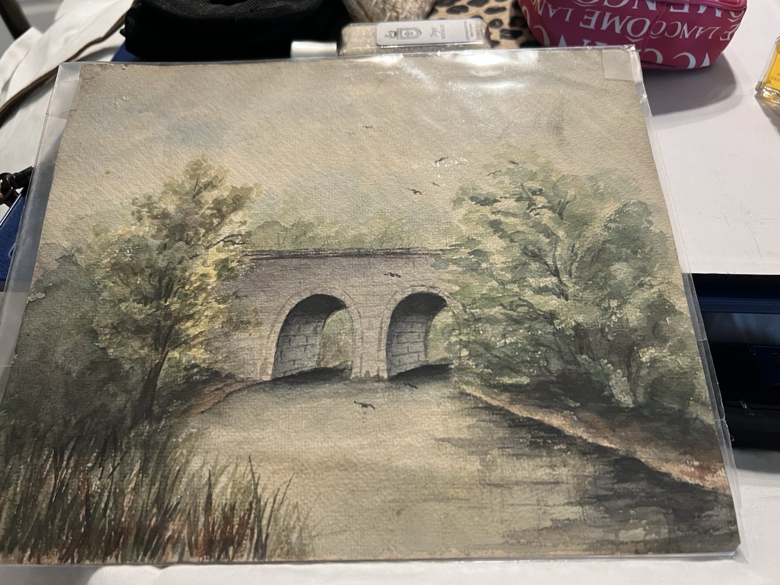 Watercolor Painting Of Bridge Unsigned 10 3/4” X 9” Photographed In Plastic