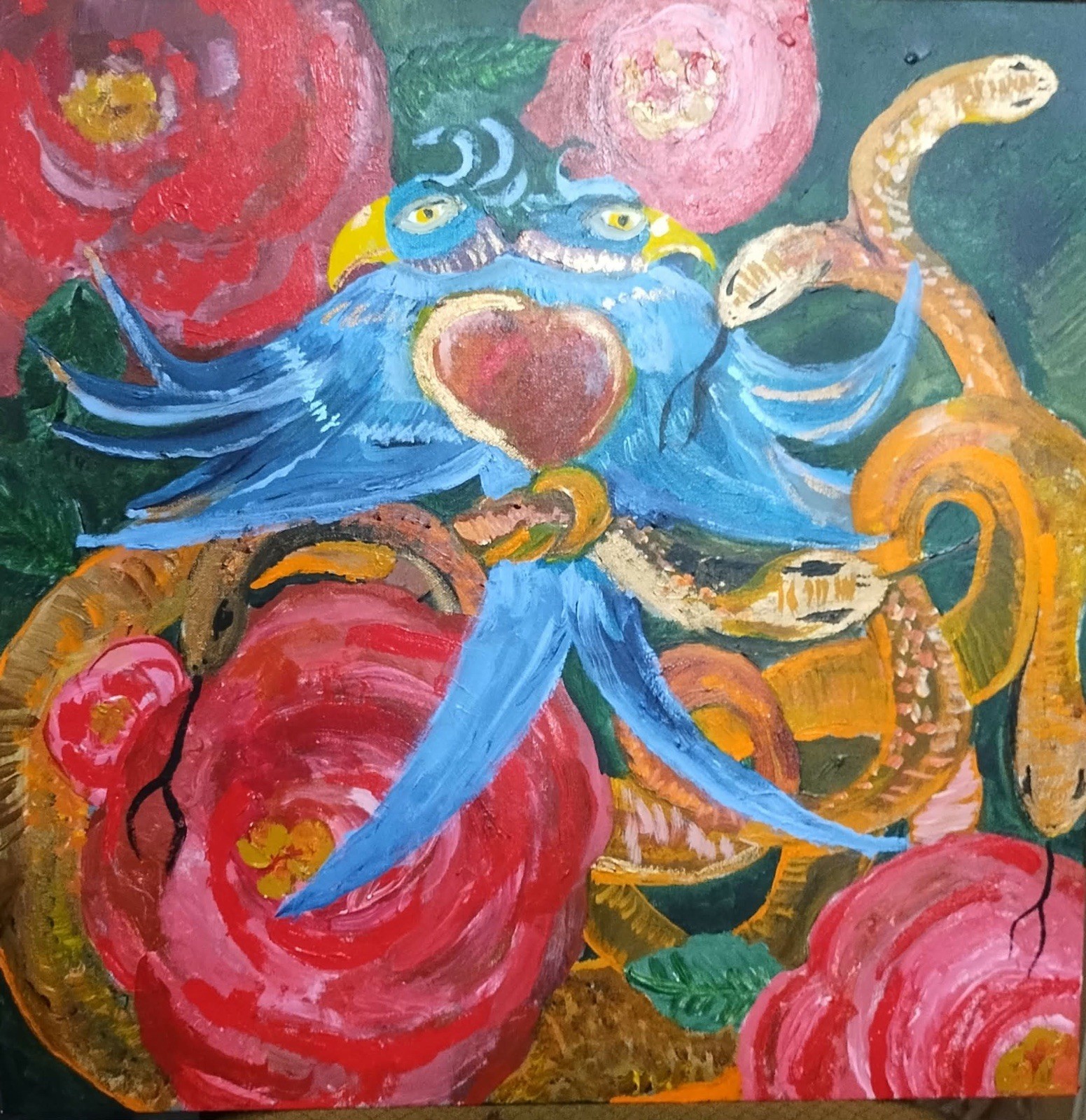 Abstract Floral Art Painting – Blue Bird With Red Flowers, Art Theme