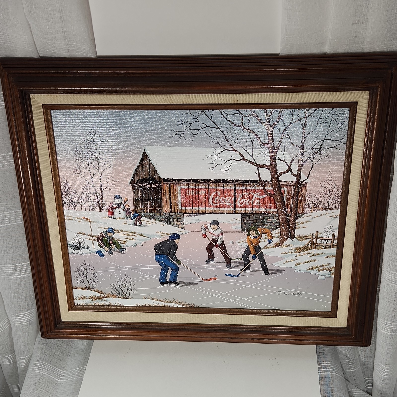 Coca-Cola Snow Scene by C. Carson Winter Hockey Painting Framed Barn Signed