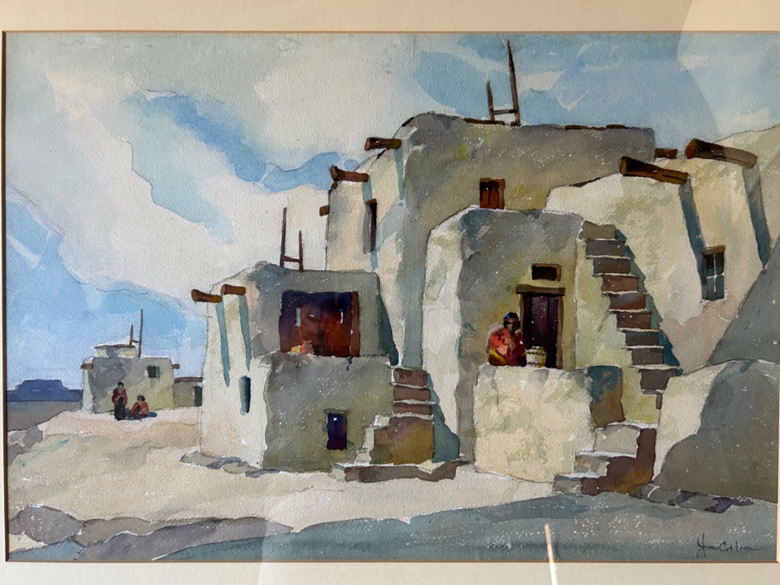 Large John Cuthbert Hare American Watercolor Painting Pueblo ca. 1930s Untitled